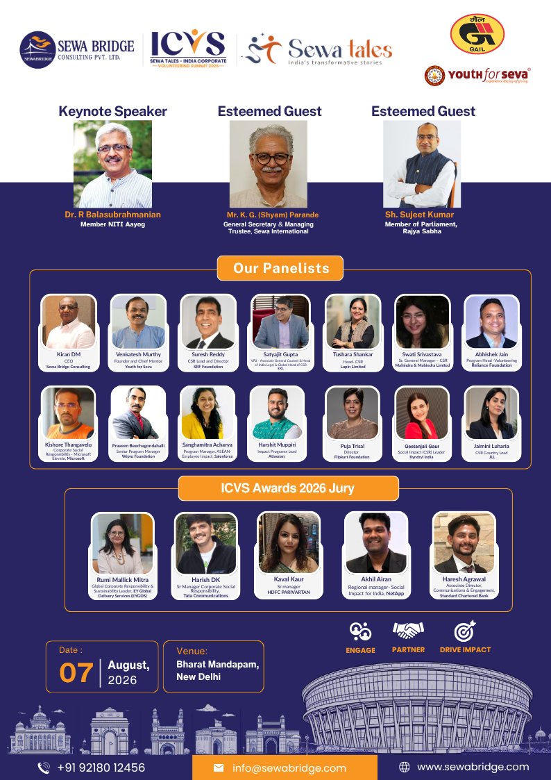 Sewa_Bridge's tweet photo. We welcome the voices shaping 𝗦𝗲𝘄𝗮 𝗧𝗮𝗹𝗲𝘀 - 𝗜𝗖𝗩𝗦 𝟮𝟬𝟮𝟲.

Keynote speaker, esteemed guests, panelists, and jury members come together for a day of insights, stories, recognition, and collective action.

📅 7 Aug 2026 | Bharat Mandapam
#SewaTales #ICVS2026 https://t.co/8oWZh8smv0