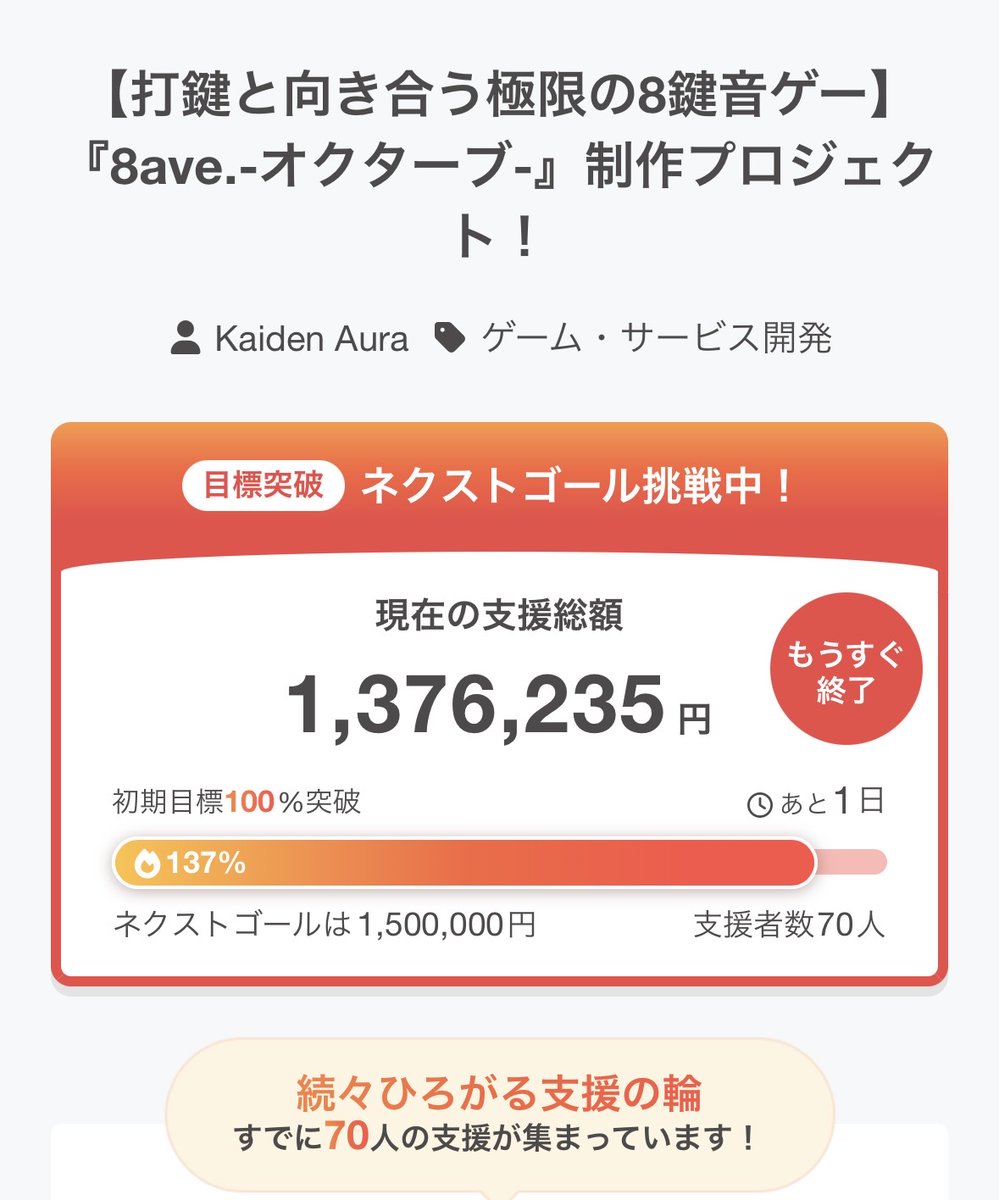 8ave_official's tweet photo. 【💚#8ave クラファン終了まで残り1日‼️】
▼プロジェクト支援・詳細はこちら！▼
https://t.co/Q6uEdP6jMK

🌈いよいよ明日で終了！！！🌈

現在の支援総額は【1,376,235円】

ストレッチゴールまであと少しです...！！

打鍵を極める極限の8鍵盤音ゲー
妥協なく作り上げるための挑戦に、最後までご支援と拡散を何卒よろしくお願いいたします！🔥

#クラファン
#音ゲー
#新作