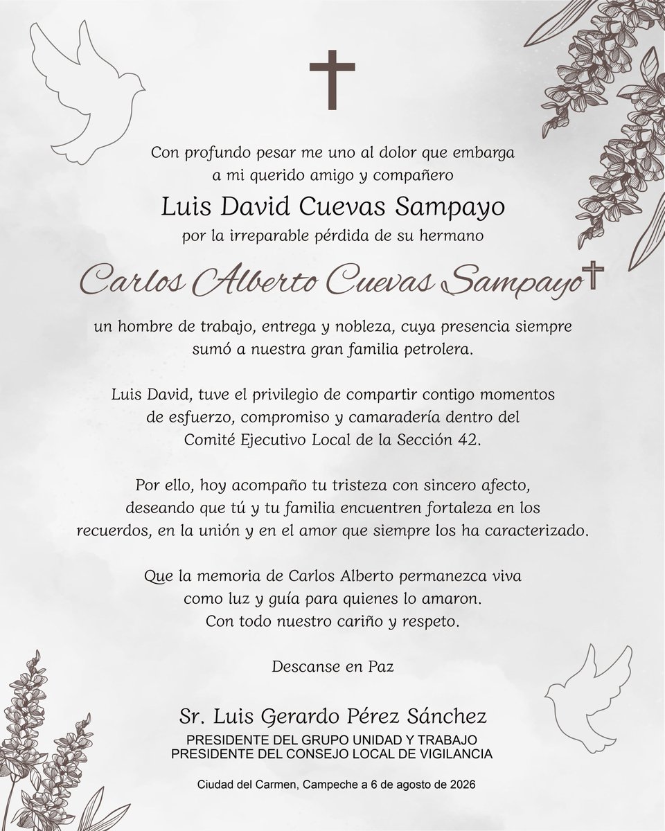 Seccion42_STPRM's tweet photo. Nos unimos con respeto y fraternidad a la pena que embarga a nuestro compañero Luis David Cuevas Sampayo, por el sensible fallecimiento de su hermano Carlos Alberto Cuevas Sampayo.

Por la cercanía y el aprecio que nuestro líder, Luis Gerardo Pérez Sánchez, siempre ha tenido hacia Luis David, compartimos con ustedes un mensaje personal en el que expresa su solidaridad, cariño y acompañamiento en este momento tan difícil.

Que la memoria de Carlos Alberto sea siempre fuente de fortaleza para su familia.

#SomosSTPRM #MásUnidosQueNunca #UnidosVenceremos 
@lgps03101 @MarcoAzuara1