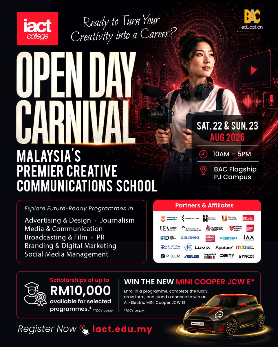 IACTCollege's tweet photo. Join us at the IACT College Open Day Carnival and discover why Malaysia's Premier Creative Communications School has been shaping the next generation of storytellers, creators and creative professionals.

Register now: https://t.co/y2vjs0JhYX

#BACEducation #OpenDayCarnival https://t.co/df4fxpucfk