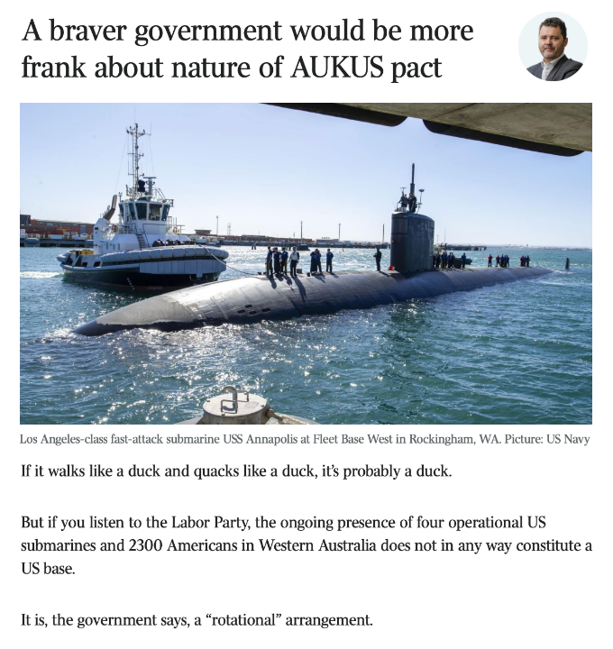 MrRexPatrick's tweet photo. The Albanese Govt can't say US subs will be "based" in WA because, from 2032, nuclear-armed cruise missiles will be loaded on US Virginia class subs and "basing" such subs here will put Australia in breach of the nuclear free Rarotonga treaty. See 2/2. #AUKUS #auspol https://t.co/ru50VUGlVz