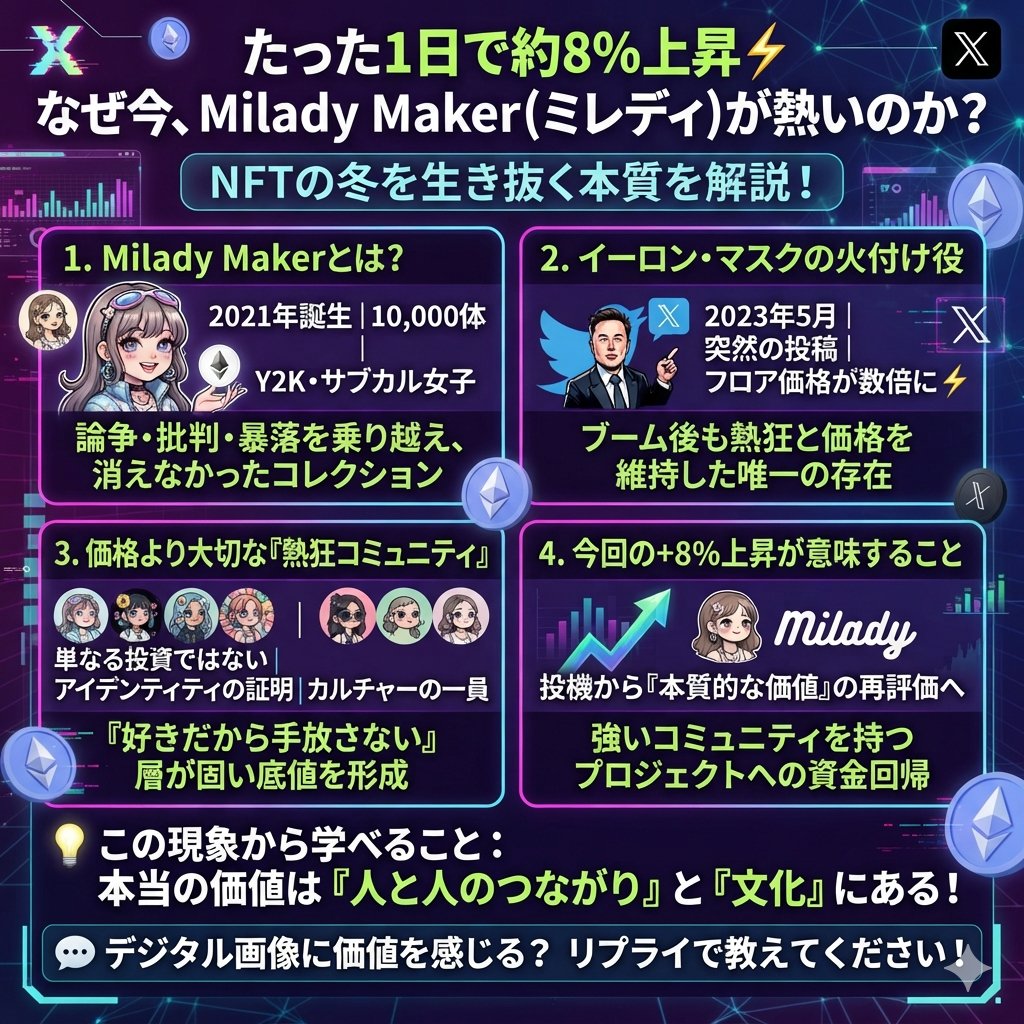 shigeru135's tweet photo. たった1日で約8%上昇——今、あの「Milady Maker（ミレディ）」に何が起きているのか？

「NFTってもう終わったんじゃないの？」 そう思っていた人ほど、今回の現象にはWeb3の本質が詰まっています。
価格の上下以上に重要な「なぜこのNFTだけが生き残り続けているのか」を、初心者向けにわかりやすく解説します。

1. そもそも「Milady Maker」とは？

2021年に誕生した10,000体のNFTコレクション。 2000年代初頭の「Y2Kファッション」や日本のアニメ・ストリートカルチャーを混ぜ合わせた、独特なサブカル感が特徴の少女キャラクターたちです。
ですが、このコレクションの歴史は決して順風満帆ではありませんでした。
・創設者をめぐる大きな論争 ・コミュニティ内の対立や外部からの強い批判 ・市場全体の暴落

一時は「完全に終わった」と言われたこともあります。しかし、彼らは消えませんでした。

2. イーロン・マスクが火をつけた「あの瞬間」
大きな転機は2023年5月。 イーロン・マスク氏が突然、XにMiladyの画像を投稿。フロア価格（最安値）が数時間で数倍に跳ね上がりました。
通常、インフルエンサー旋風で上がったNFTは、熱が冷めると元の価格以下まで暴落して忘れ去られます。しかし、Miladyは違いました。

一時的なブームが去った後も、一定の価格と熱狂を維持し続けたのです。

3. 価格より大切な「なぜ買い続けられるのか」
長期的に価値を持ち続けるブランドやNFTには、必ず共通点があります。 それが「熱狂的なファンコミュニティ」の存在です。
Miladyのホルダー（保有者）にとって、これは単なる投資対象（デジタル株）ではありません。

・「Miladyを持っていること」自体が自分のアイデンティティ ・PFP（アイコン）に設定することで特定カルチャーの一員であると証明できる

これはナイキのスニーカー収集や、ラグジュアリーブランドを着る感覚に極めて近いです。 「価格が下がったから売る」ではなく「好きだから手放さない」層が固く存在するため、冬の時代でも底値が崩れませんでした。

4. 今回の「+8%上昇」が意味すること
2022年〜2023年の「NFTの冬」を経て、市場は投機から「本物のコミュニティを持つプロジェクトの再評価」へとフェーズが変わってきています。
・暗号資産市場全体の回復 ・「デジタルサブカルチャーの記録」としての文化的価値の見直し

今回の価格上昇は、単なる気まぐれな買われ方ではなく、過酷な冬を生き延びた「強力なコミュニティを持つブランド」に資金が集まり直している兆候と言えます。

💡 この現象から学べること
どんなビジネスやコンテンツも、最終的に生き残るのは「強いファン（熱量のあるコミュニティ）」を持っているものだけです。

「NFT＝画像データを買う投資」と捉えると本質を見誤ります。 本当の価値は、その背景にある「人と人のつながり」や「文化的共感」にあります。
（※注意：NFTは価格変動が非常に激しいアセットです。投資を検討する場合は、リスクを理解した上で自己責任で行いましょう）

💬 あなたに質問です
「デジタル画像に価値が生まれる感覚」、なんとなく理解できましたか？ それとも「やっぱりまだピンとこない…」でしょうか？

NFTに詳しい方も、初心者の方の率直な疑問も、ぜひリプライで教えてください！