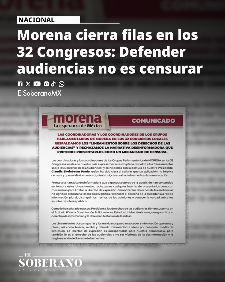 ElSoberanoMX's tweet photo. #Nacional 👉 Morena cierra filas en los 32 Congresos: defender audiencias no es censurar

Morena en los 32 congresos locales respaldó los Lineamientos sobre los Derechos de las Audiencias y rechazó que impliquen censura, como ha sostenido la Presidenta Claudia Sheinbaum.

Más en: https://t.co/XKOE1CezwY
