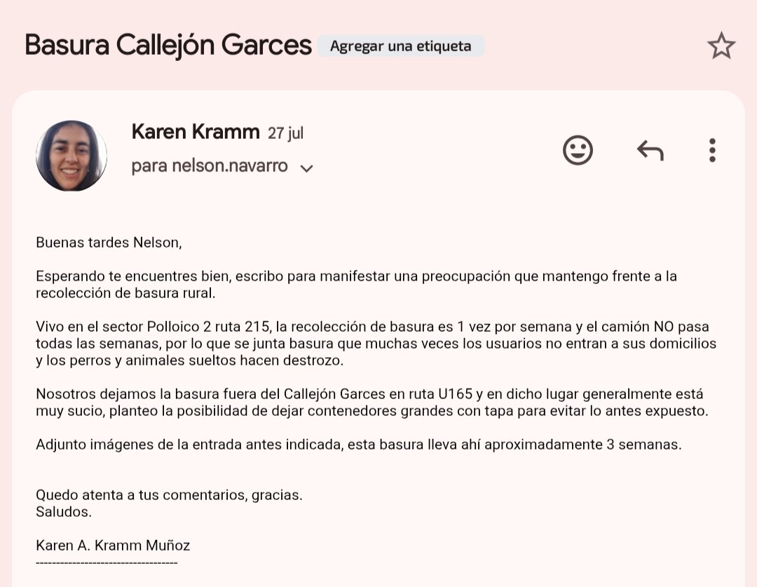 kkramm05's tweet photo. Buenas noches Alcalde.
Junto con saludar, quiero manifestar mi molestia y preocupación por el mini basural que se está formando a la entrada del callejón donde vivimos, ruta U165, camino Mulpulmo.
Espero pueda acoger la solicitud. Gracias 
@jaimebertin https://t.co/AGKQEQjRf5