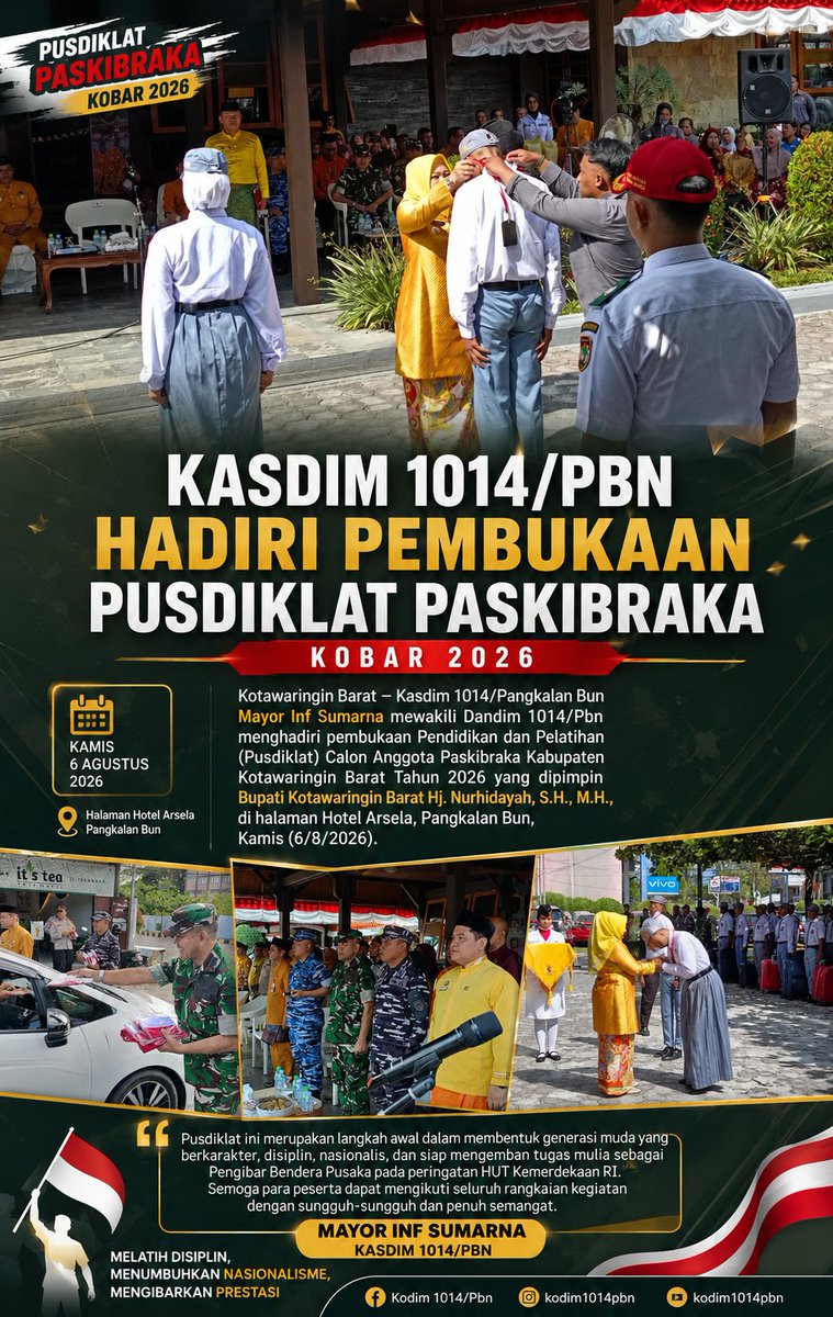 KodimPbn's tweet photo. Kasdim 1014/Pbn Hadiri Pembukaan Pusdiklat Paskibraka Kobar 2026

Kotawaringin Barat – Kasdim 1014/Pangkalan Bun Mayor Inf Sumarna mewakili Dandim 1014/Pbn menghadiri pembukaan Pendidikan dan Pelatihan (Pusdiklat) Calon Anggota Paskibraka Kabupaten Kotawaringin Barat Tahun 2026. https://t.co/eFIzwgiIOn