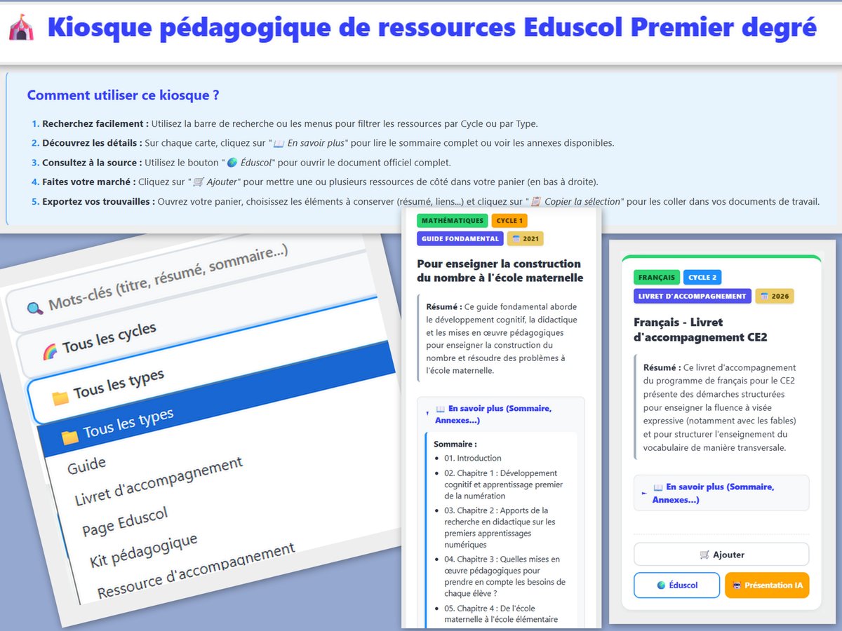 NicoleChedotal's tweet photo. Pour accompagner vos recherches de ressources Eduscol au 1er degré, voici le🎪Kiosque pédagogique. 
 👉https://t.co/p0ks7sJMo7
 🔹Recherche ciblée par mots-clés, cycle ou type de document 
 🔹Accès à des résumés, aux sommaires et aux pages de téléchargement 
 🔹Sélection &amp; copie https://t.co/dOxMuBaFul
