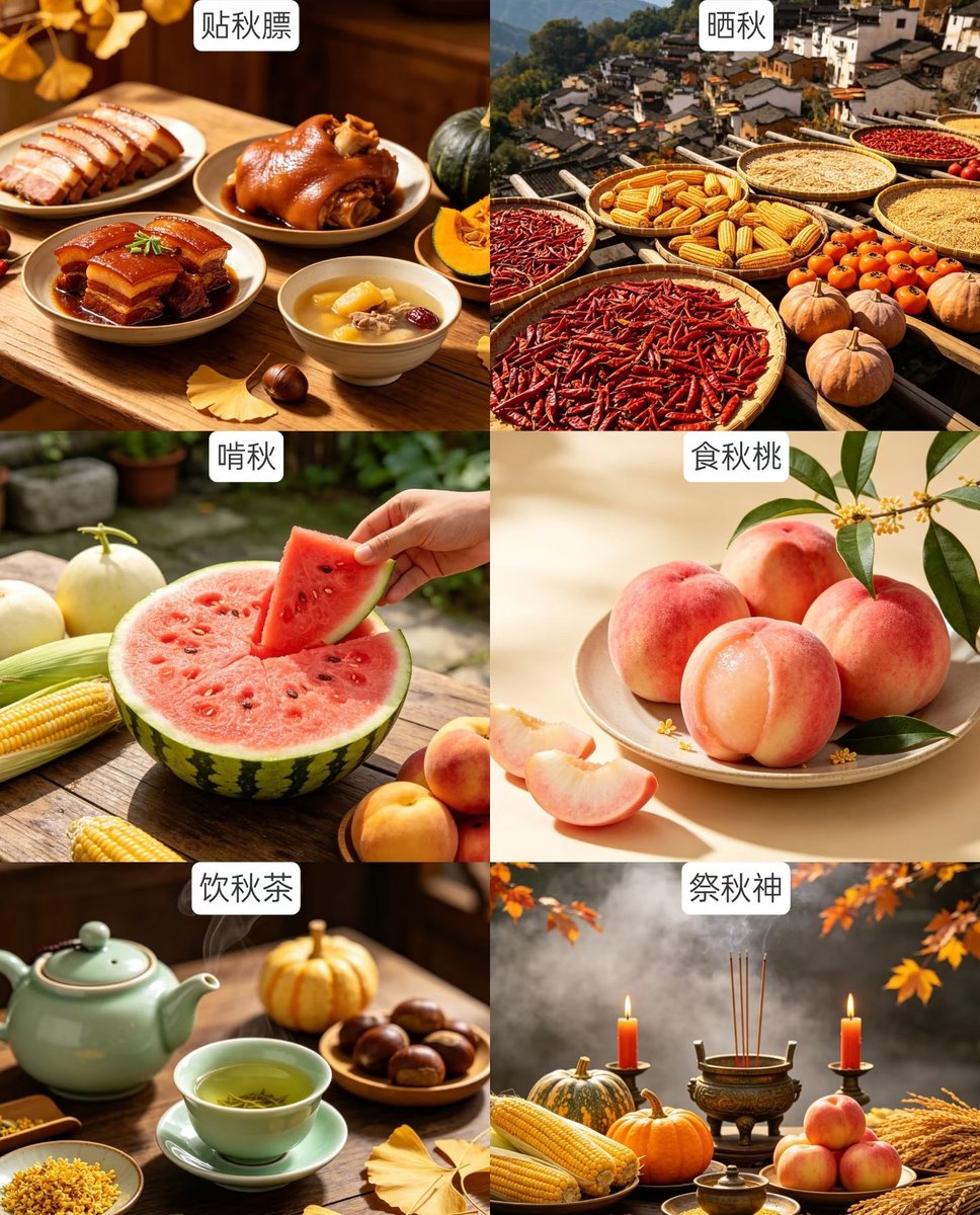 wu65445's tweet photo. 立秋六大传统习俗科普
啃秋｜立秋啃瓜，寓意啃去暑气，安然迎秋
晒秋｜农家晾晒五谷蔬果，是独属于秋日的丰收画卷
贴秋膘｜肉食进补，滋养一整个秋天
食秋桃｜秋日品鲜桃，祈愿平安顺遂
饮秋茶｜秋日饮茶润燥，慢享悠闲静谧时光
祭秋神｜敬奉五谷，祈求来年风调雨顺 https://t.co/xqZpFYsWjn