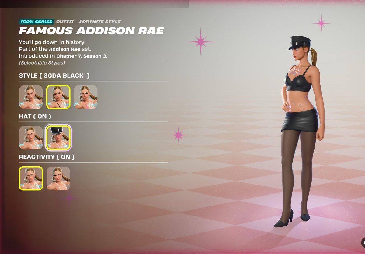 Faiith_23's tweet photo. No hate to the current music pass artist, his set is really cool, but wow I wish Addison Rae got it this round because I fully enjoy her outfits &amp; emotes. This one specifically eats! Reminds me of Britney a little! 10/10 #Fortnite https://t.co/VZm4KgAdi0