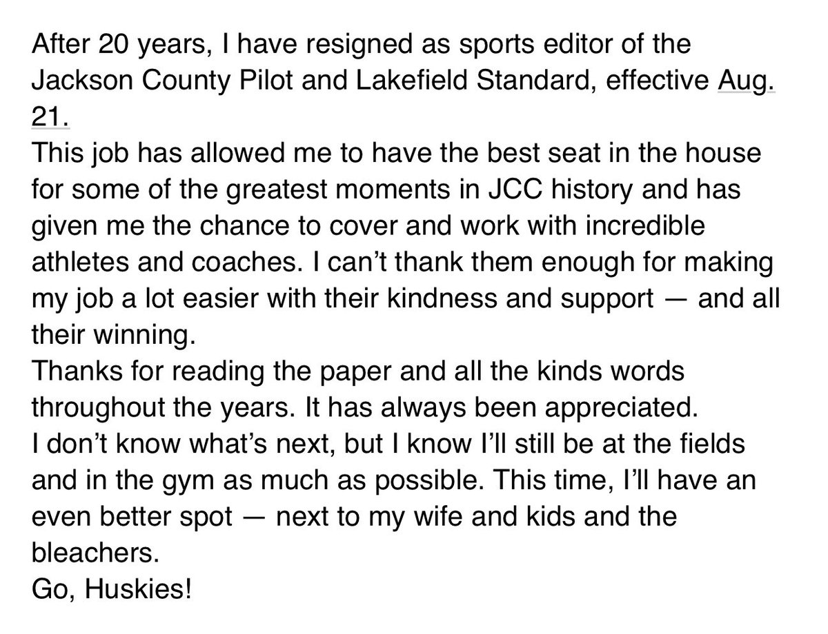 PilotSports's tweet photo. It’s been an honor to cover sports in Jackson County for 20 years, but it’s time for a new chapter.
I’ll forever be grateful to everyone who made it an incredibly fun and rewarding job. https://t.co/vj7F1eVMgc