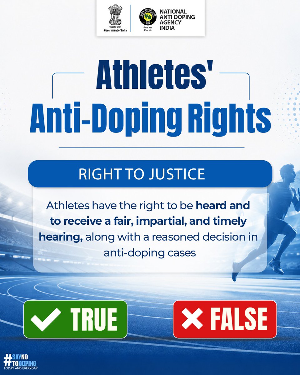 NADAIndiaOffice's tweet photo. Every athlete should know their rights, but how well do you know them?

Read the statement and vote True or False
Drop your answer in the comments, and the correct responses may get a chance to be featured on our official social media.
#Athlete #Vote #Rights https://t.co/u1Fs3l2yIy