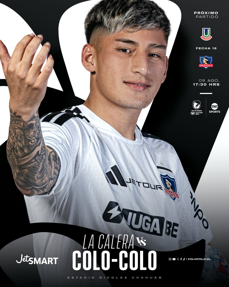 ColoColo's tweet photo. ¡𝐏𝐑𝐎́𝐗𝐈𝐌𝐎 𝐏𝐀𝐑𝐓𝐈𝐃𝐎!

El domingo 9 de agosto a partir de las 17:30 horas visitaremos a Unión La Calera por la fecha 18 de la #LigaDePrimeraMercadoLibre ⚪⚫

🏟: Estadio Nicolás Chahuán

Presentado por @VuelaJetSMART https://t.co/EF2o7EaEOQ