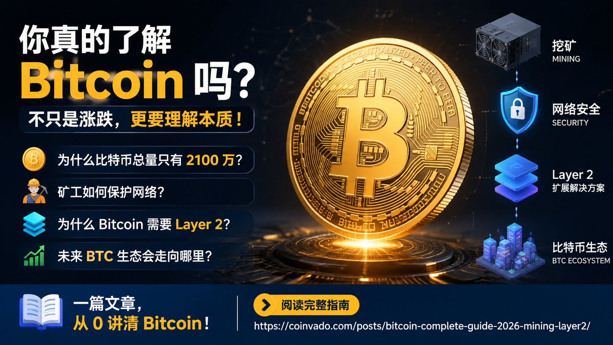 coinvado's tweet photo. 你真的了解 Bitcoin 吗？ 大多数人只知道： “BTC 会涨跌” 但真正重要的是： 🔹 为什么比特币总量只有 2100 万？ 🔹 矿工如何保护网络？ 🔹 为什么 Bitcoin 需要 Layer 2？ 🔹 未来 BTC 生态会走向哪里？ 一篇文章，从 0 讲清 Bitcoin： 👇 阅读完整指南 [https://t.co/8s7uXXh8uO](https://t.co/8s7uXXh8uO) 📚 Learn Crypto Step by Step 🌐 [https://t.co/DdcegaMmpj](https://t.co/DdcegaMmpj) \#Bitcoin #BTC #Crypto #Web3 #CryptoEducation #CoinVado生成图片16:9@创建图片