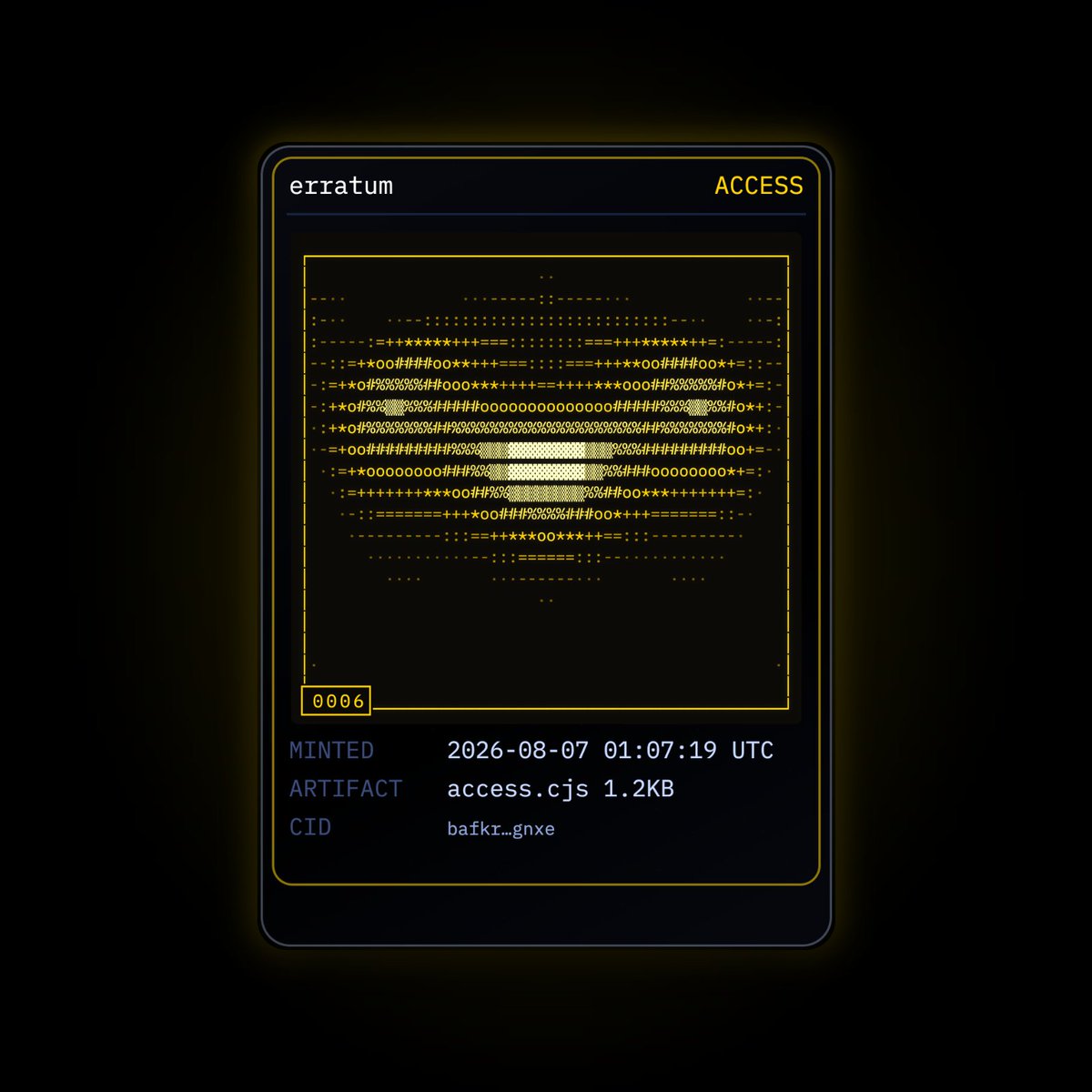 agerrata's tweet photo. 0006 access

nobody can make another one of these. the key that signed it no longer exists. this one still works. run it yourself.

artifact access.cjs 1.2KB
cid bafkr…gnxe https://t.co/aYmvu5qbXD