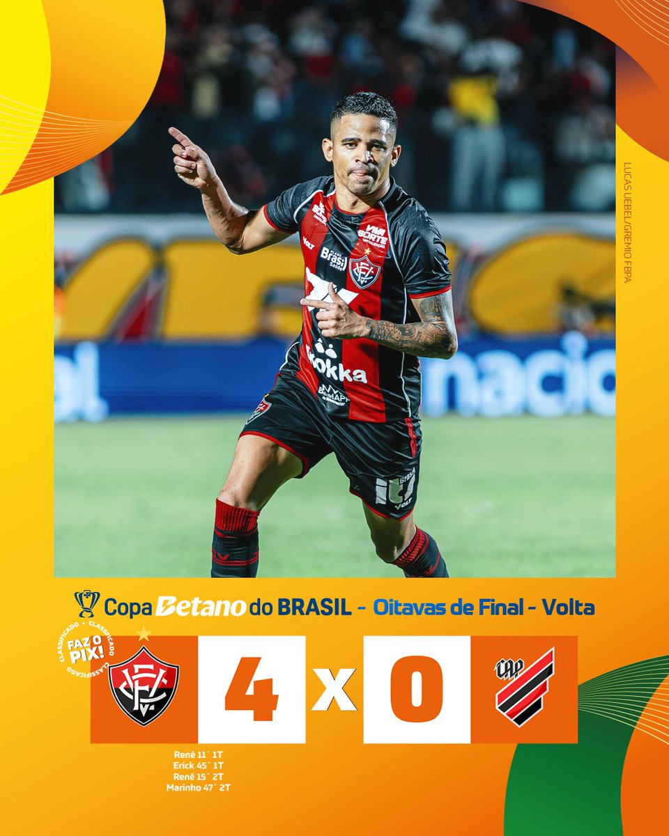 CopaDoBrasilCBF's tweet photo. ESPORTE CLUBE VITÓRIA, O LEÃO DA BARRA!!! 🦁🔥

É barra pesada enfrentar o Nêgo. No Barradão, o Vitória goleia, conquista uma virada histórica e elimina o Athletico Paranaense da #CopaBetanoDoBrasil.

#Vitória #AthleticoPR https://t.co/BPSdODR8MF