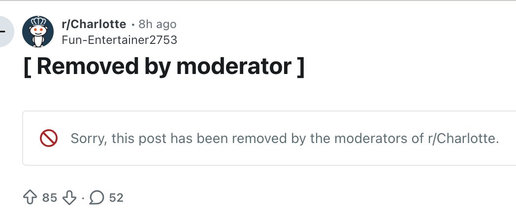 varrock's tweet photo. Oh no! Diquan Shafar Hunt, a known violent criminal, is running around Charlotte beating up women! I better warn everyone on my city's subreddit!

[Removed by moderator]

"You have been banned from r/charlotte" https://t.co/Qb7uyf4Cwl