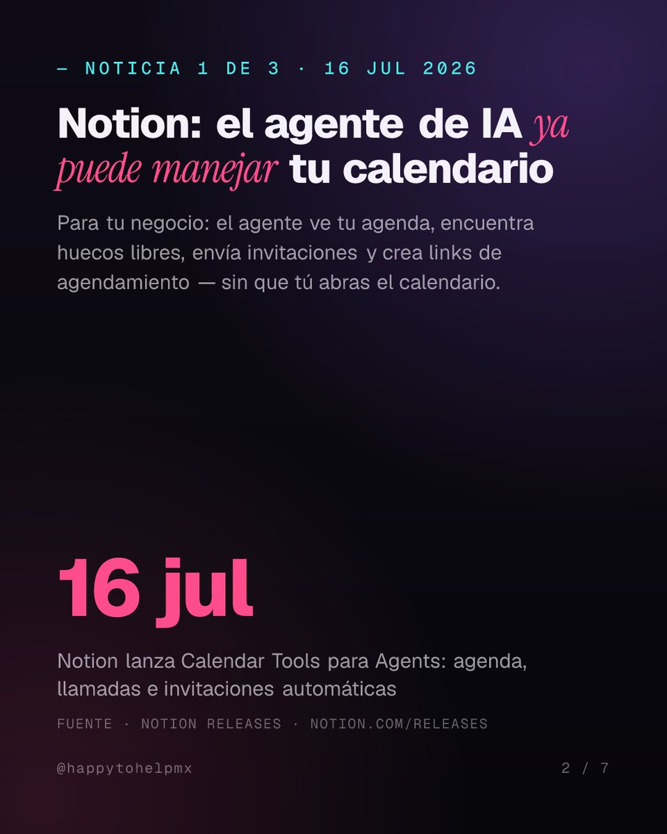 HappyToHelpMx's tweet photo. La IA de julio 2026 ya:
→ Habla contigo (ChatGPT Voice · 23 jul)
→ Maneja tu agenda (Notion Agent · 16 jul)
→ Actúa sola al terminar tus juntas (Notion · 31 jul)

El salto es real. Carrusel completo en Instagram 👇

#IA #NegociosMX https://t.co/2gA2kVbseq