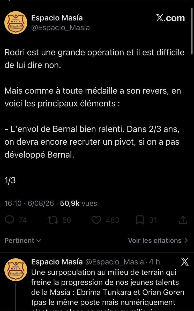 Loguito6's tweet photo. L’obsession pour les jeunes Masians H24.. 
Le Barça a suffisamment de jeune implanté avec des rôles importants

Ça fait 11 ans que le Barça court derrière une LDC

Bernal a 19 ans, même s’il explose réellement à 22-24 ans comme beaucoup, il y’a aucun soucis
Il a qu’à justement se servir de Rodri et apprendre de lui parce que soyons honnête, il en a besoin.

A toujours viser le long terme, on n’a jamais de court terme

0 point négatif avec l’arrivée potentiel de Rodri