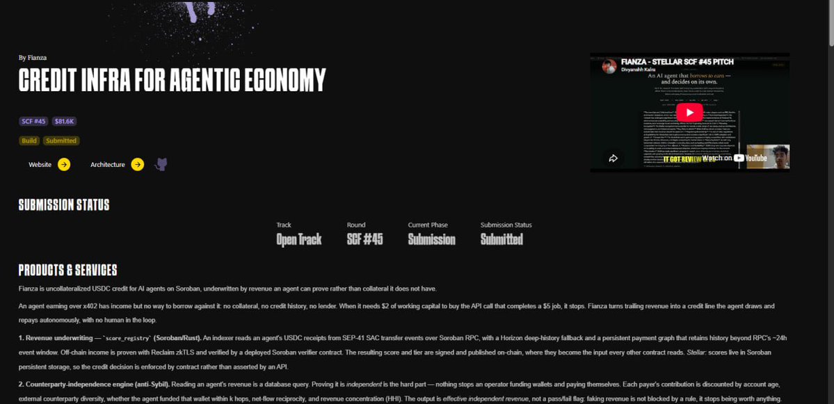 FianzaHQ's tweet photo. Officially submitted for SCF #45 Build Award 

Fianza, uncollateralized USDC credit for AI agents, underwritten by revenue. 

Built on Stellar.

Time to make the agentic economy stronger than ever

https://t.co/4Tp5VJ3eMo https://t.co/j9M0KPwMzC