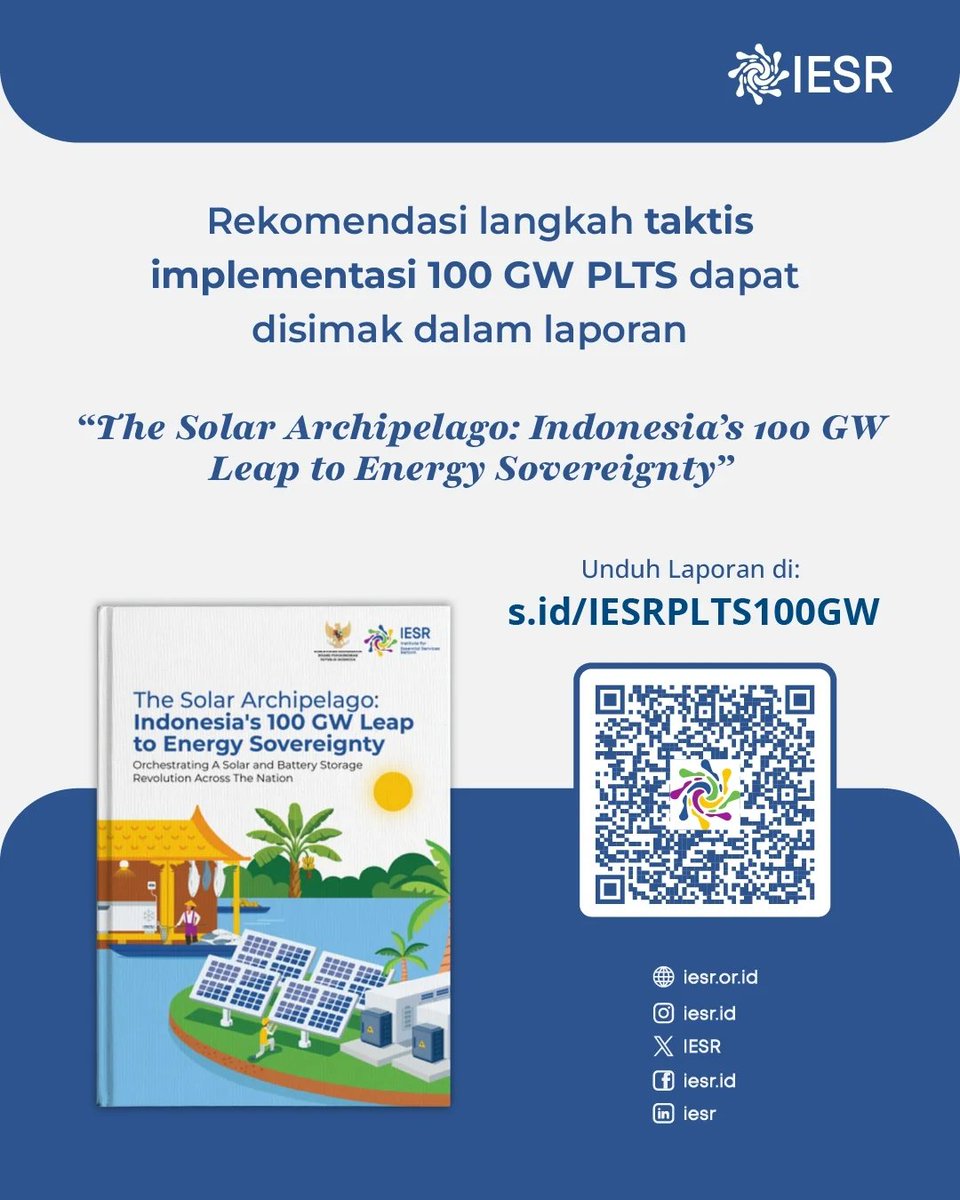 IESR's tweet photo. Mulai dari percepatan studi kelayakan, integrasi ke dalam perencanaan tata ruang, penguatan jaringan listrik, hingga penyederhanaan perizinan menjadi langkah penting agar lebih banyak proyek PLTS terapung dapat terealisasi.

Dengan pengembangan yang tepat, PLTS terapung berpotensi menjadi salah satu pendorong utama pencapaian target 100 GW PLTS sekaligus mempercepat #transisienergi Indonesia. 🌊☀️

Yuk, simak potensi dan rekomendasi lengkapnya pada slide berikut, atau baca kajian IESR selengkapnya di https://t.co/4FkpmKjRwH.