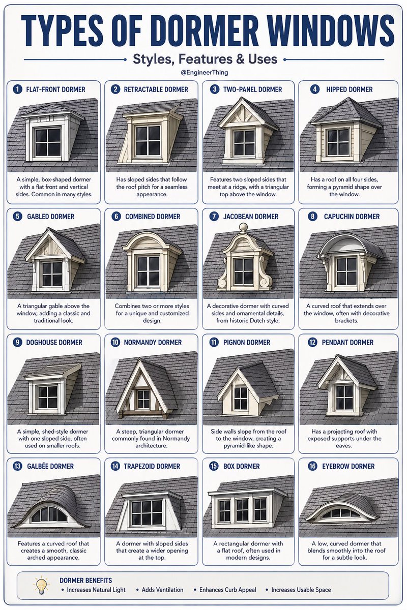 EngineerThing's tweet photo. Types of Dormer Windows https://t.co/0zW3dcWKuS