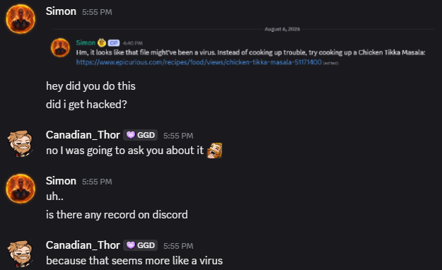 StuckSimon's tweet photo. @discord WHAT THE FUCK. THIS IS NOT FUNNY.
You can't do this in the age of agentic AI. I had to shut down everything because I thought I got hacked. 

Put a fucking link to the TOS or include some kind of official tag on it. https://t.co/5Crx7S701x