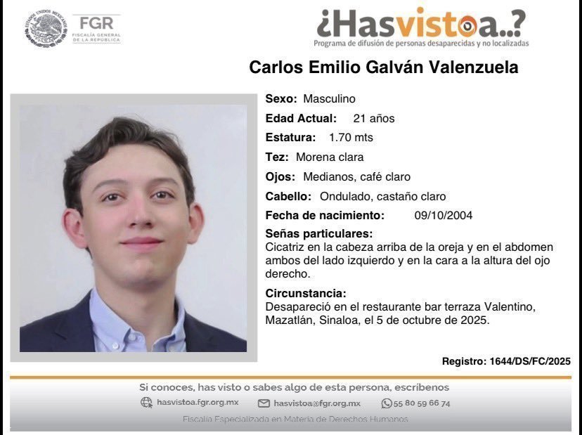 angelcaido_yo's tweet photo. ♂️ ¡Atención México! Se busca a Carlos Emilio Galván Valenzuela de 21 años, desapareció en un bar de Mazatlán Sinaloa #Mx #Ags #BC #BCS #Col #Gro #Gto #Son #Sin #Mex #Oax #NL #USA #Yuc #Zac #Coah #Chih #Mich #EEUU #EdoMx #Mexico #Sinaloa #Morelia #Uruapan #Mazatlan #Michoacan https://t.co/g0wzTf9AH2