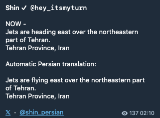 Worldsource24's tweet photo. BREAKING: Jets are heading east over the northeastern part of Tehran, Iran.

(@hey_itsmyturn) https://t.co/RhU7HBszY1