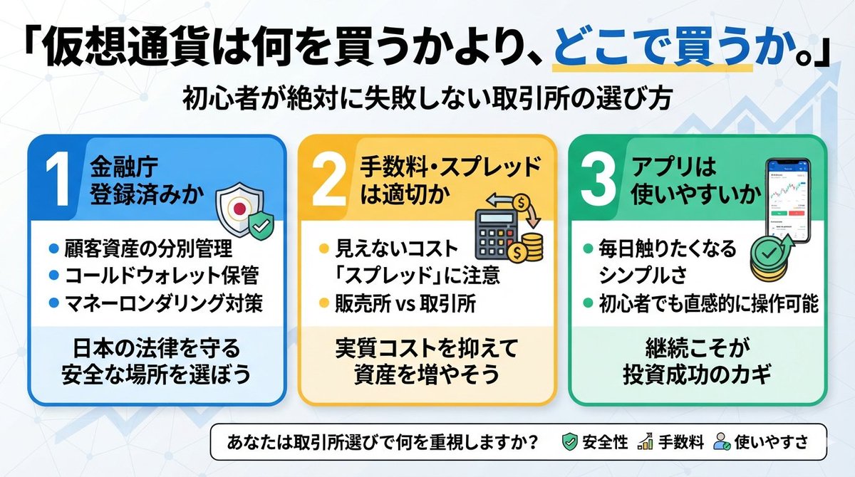 shigeru135's tweet photo. 「仮想通貨は何を買うかより、どこで買うか。」

実はこれ、初心者ほど知らない大事な話です。

取引所選びを間違えると…

⚠️ 詐欺に巻き込まれる
⚠️ 手数料で知らないうちに損をする
⚠️ 使いづらくて続かなくなる
最初の選択だけで、その後の体験は大きく変わります。
60代からWeb3を学んでいる私も、最初は「どこも同じだろう」と思っていました。

でも調べれば調べるほど、それは大きな勘違いでした。

2022年には世界最大級だったFTXが破綻し、多くの利用者が資産を引き出せなくなりました。

日本でも2018年にコインチェックから約580億円相当の暗号資産が流出する事件が発生しています。

こうした出来事をきっかけに、日本では金融庁による規制が強化されました。

だから今は「どこで買うか」が、投資の第一歩になります。

初心者なら、この3つだけは必ず確認してください。

① 金融庁登録の取引所か

これが最優先です。

金融庁に登録された交換業者は、

✅ 顧客資産の分別管理
✅ コールドウォレットでの保管
✅ マネーロンダリング対策
✅ 定期的な監査・報告

などのルールが義務付けられています。

SNSやDMで勧められる「高利回り案件」の多くは、この登録がありません。
「怪しい」と思ったら、まず金融庁の登録一覧を見る。
この習慣だけでも、詐欺リスクは大きく減らせます。
② 手数料を見る

「手数料無料」と書かれていても安心はできません。

実際には「スプレッド」という価格差が含まれ、見えないコストを払っているケースが少なくありません。

例えば毎月1万円を積み立てる場合でも、わずかな手数料の違いが数年後には大きな差になります。

安く買える仕組みなのか。

販売所なのか、取引所方式なのか。

ここを知るだけでも無駄な出費を減らせます。

③ アプリの使いやすさ

意外ですが、これが長く続けるコツです。

使いにくいアプリは、

「あとで見よう」

が続いて、そのまま放置…

という人が本当に多いです。

逆に操作がシンプルなら、価格確認や積立も自然と習慣になります。

投資は一度買って終わりではありません。

だから毎日触りたくなるアプリかどうかも重要です。

初心者に人気の国内取引所なら、

・コインチェック
→ シンプルな操作で初心者向け

・GMOコイン
→ コストを抑えやすく積立も充実

・SBI VCトレード
→ SBIグループの安心感と高い信頼性

それぞれ特徴があります。

「どこが一番」ではなく、

自分に合う取引所を選ぶことが大切です。
結局、初心者が見るべきポイントはこの3つだけ。

✅ 金融庁登録済みか
✅ 手数料・スプレッドは適切か
✅ アプリが使いやすいか
この順番で選べば、大きな失敗はかなり避けられます。

仮想通貨は価格変動の大きい資産です。
だからこそ、最初の一歩は「どのコインを買うか」より「どこで始めるか」。

ここを間違えないことが、一番大切だと私は思っています。

あなたなら取引所選びで一番重視しますか？

🔹 安全性
🔹 手数料
🔹 使いやすさ
🔹 それ以外

ぜひコメントで教えてください😊