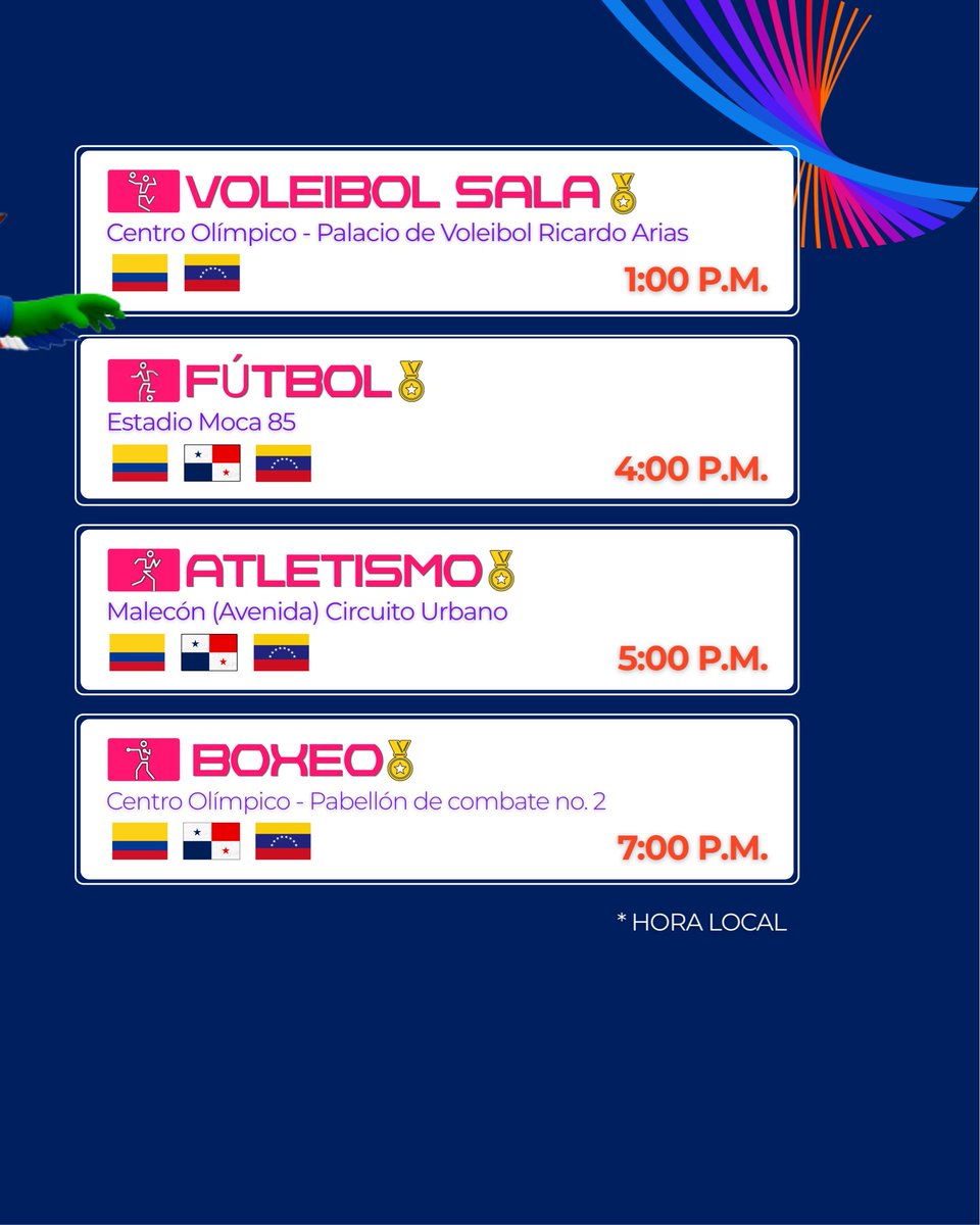 ODEBOprensa's tweet photo. Programación deportiva 7 de agosto, para los CON’s ODEBO, Juegos Centroamericanos y del Caribe Santo Domingo 2026 🇨🇴🇵🇦🇻🇪

#SantoDomingo2026 #JuegosDelCentenario https://t.co/SD9bPpxXTX