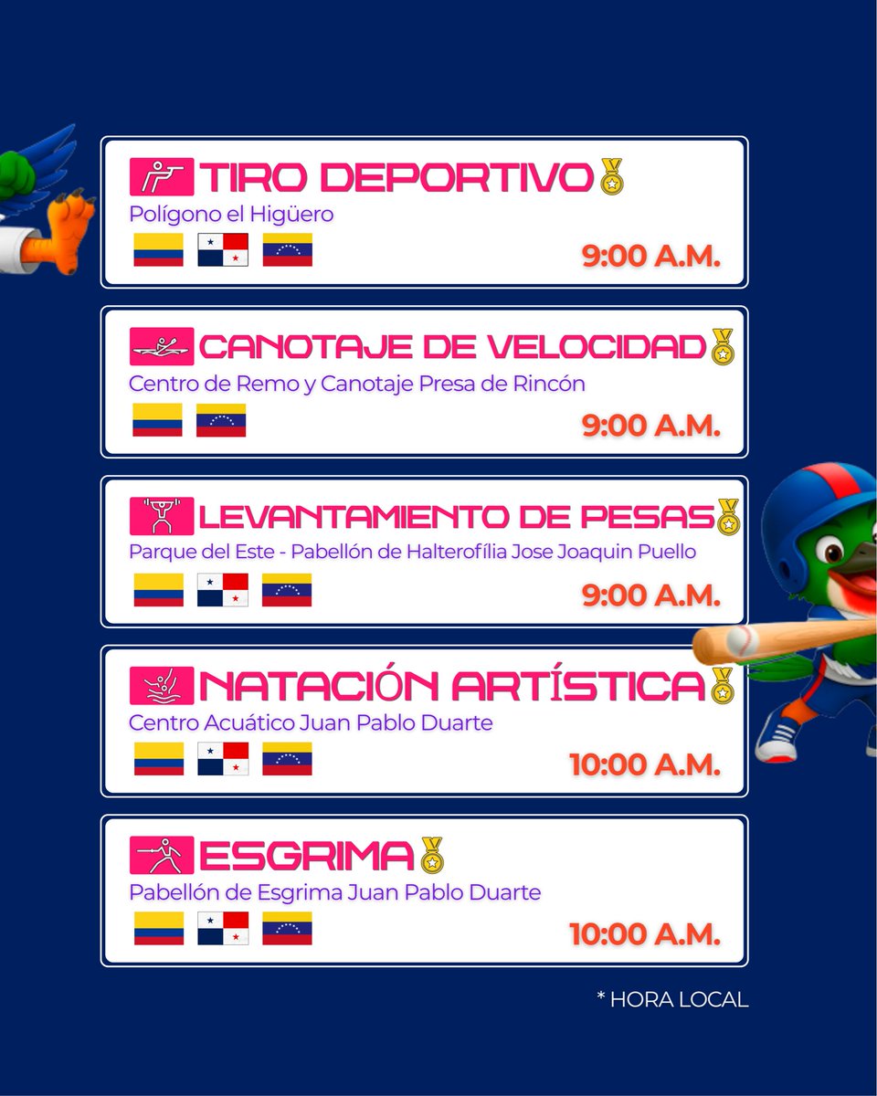 ODEBOprensa's tweet photo. Programación deportiva 7 de agosto, para los CON’s ODEBO, Juegos Centroamericanos y del Caribe Santo Domingo 2026 🇨🇴🇵🇦🇻🇪

#SantoDomingo2026 #JuegosDelCentenario https://t.co/SD9bPpxXTX