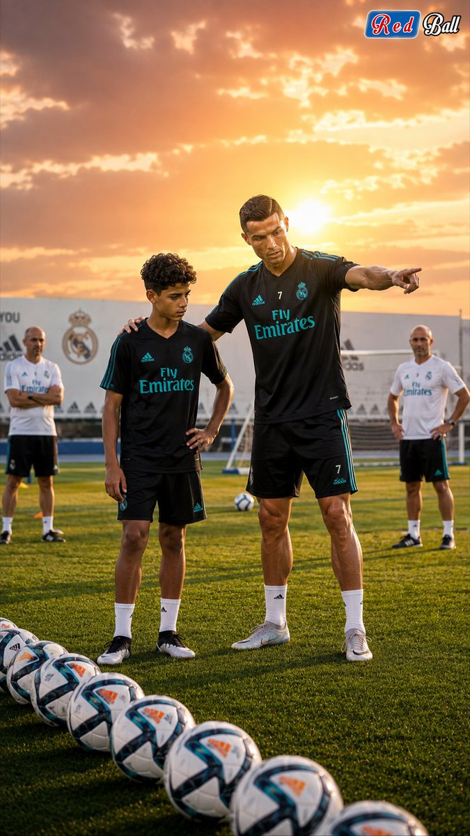Rightwronginfo's tweet photo. "A champion's greatest victory is inspiring the next generation. ⚽🌅 Cristiano Ronaldo passes on the secrets of precision, discipline, and dedication to Cristiano Ronaldo Jr. Every lesson today builds tomorrow's legend. Dream big. Train harder. Never give up. 💫 https://t.co/jg8fTbsTnY