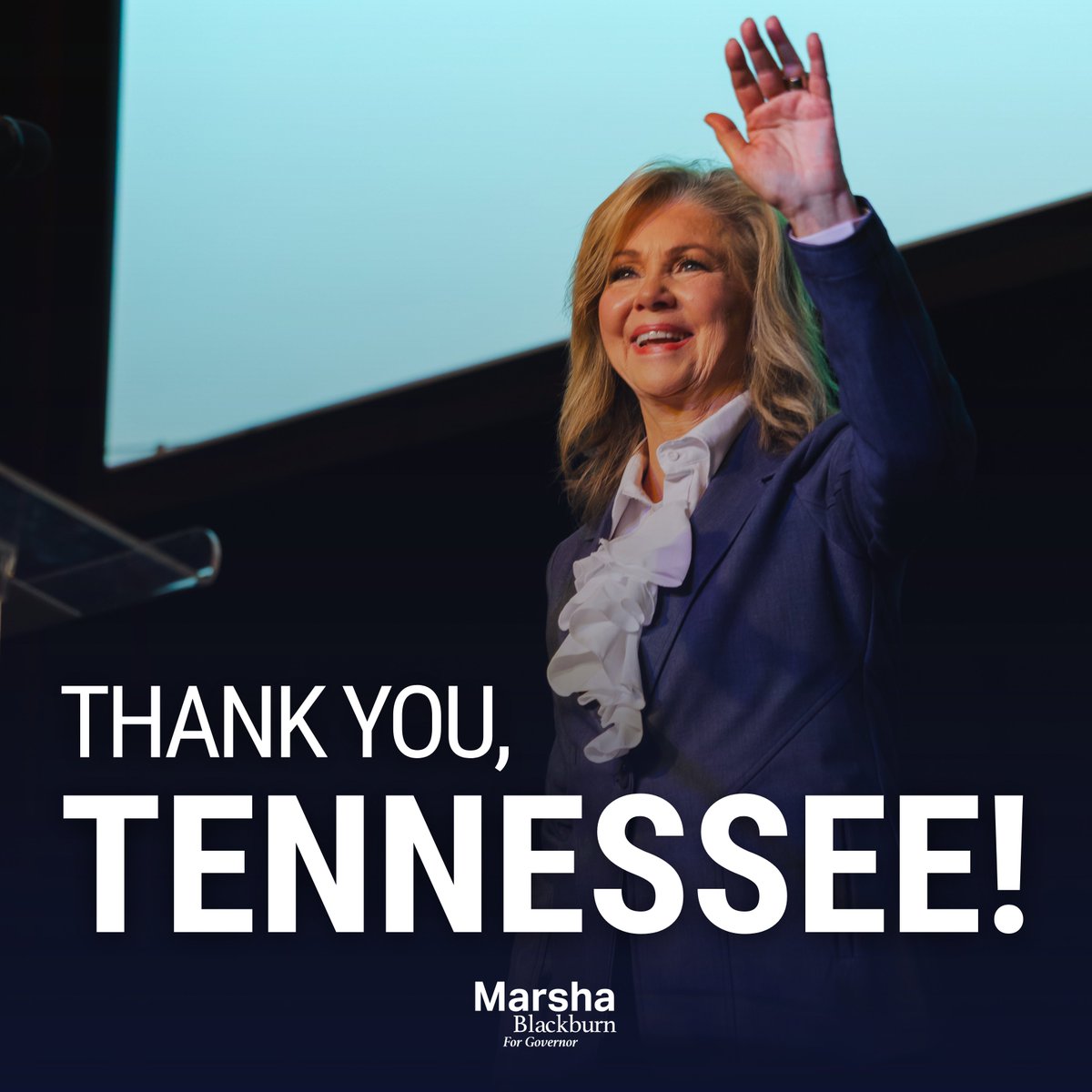 VoteMarsha's tweet photo. From the bottom of my heart, thank you, Tennessee!

One year ago, we set out on this journey with one goal: to make Tennessee America's conservative leader and show the nation what strong, bold, conservative leadership looks like.

Tonight, I am humbled and honored that you've chosen me as your Republican nominee for Governor. Together, we've taken a major step toward that goal.

I won't let you down. On to November.