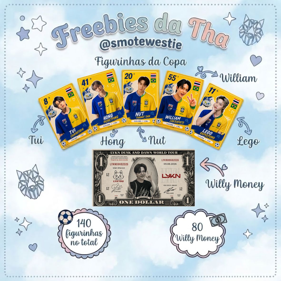 smotewestie's tweet photo. 🩵 FREEBIES SHOW DO LYKN NO BRASIL 🩵

Vou estar distribuindo freebies (mimos) na fila do show! ✨🐺

- 140x Figurinhas (Tui, Hong, Nut, William e Lego) 
- 80x Willy Money
 🔁RT para ajudar a divulgar 

Vejo vocês lá! 🩵🐺
#LYKNDuskAndDawnWorldTour2026 #LYKNDuskAndDawnxSaoPaulo https://t.co/no8AAtzV4P