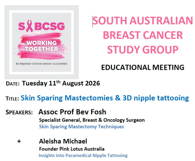 sabcsg's tweet photo. Members: Our next Meeting is next Tues 11/8 2026, “Skin Sparing Mastectomies &amp; 3D nipple tattooing”.
We will hear from our Chair A/Prof Bev Fosh and Aleisha Michael. Details in distributed email.
Venue currently at capacity; if you want to join the waitlist contact our Secretary. https://t.co/vg3LAkj1Jf