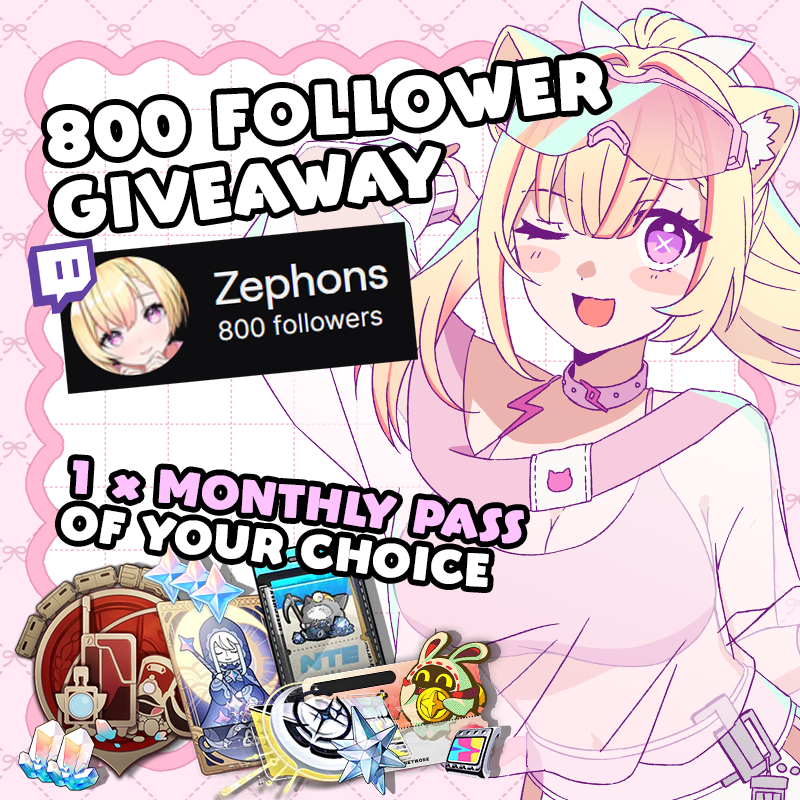 Z3phons's tweet photo. 800 Follower giveaway!
✨1 x Monthly pass to a game of your choice!

🗒️Rules:
- Like👍
- Repost 🔁
- Follow on X and Twitch💜
- Be present at Zephons Twitch during the raffle!

⬇️Link and date in pinned comment!
#nte #hsr #wuwa https://t.co/chDX8wpbrh
