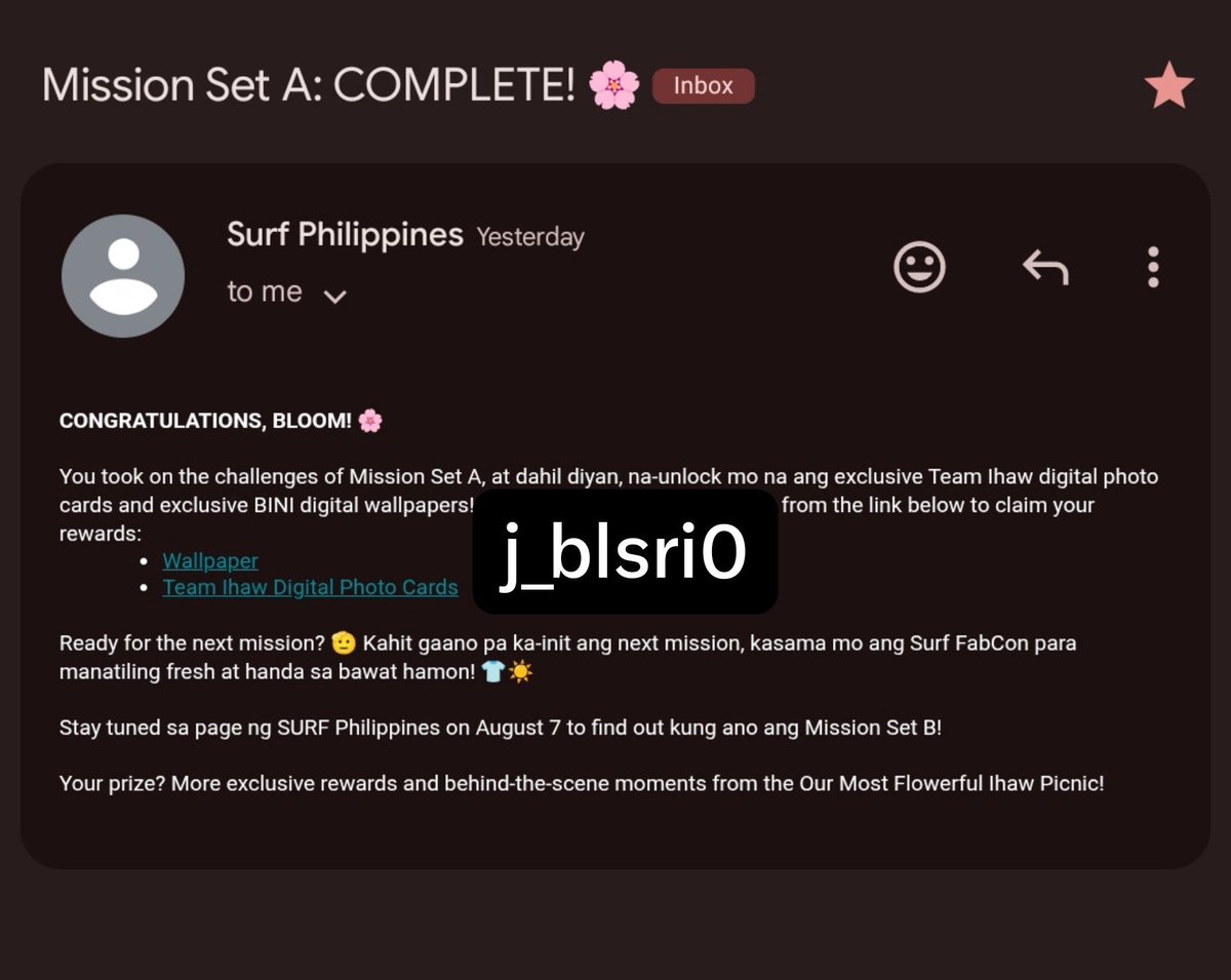j_blsri0's tweet photo. Trade trade oh digital pc char sino may team araw dyan share naman. Nagsend na si Surf ng digital pc at wallpaper check nyo na e-mail nyo lalo na if nacomplete nyo yung mission. If wala sa inbox, malamang nasa spam. π€£
#SurfxBini #TeamAraw #TeamIhaw #BINI https://t.co/IZO1HeUUnF