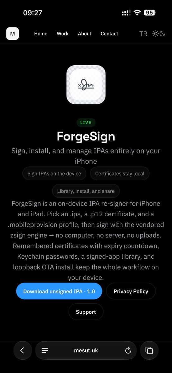 BlackMelooo's tweet photo. ForgeSign 是一个新的开源的 iOS 本地 IPA 签名工具，目标是在 iPhone 或 iPad 上直接完成 IPA 签名和安装，无需越狱、没有服务器，没有上传、 https://t.co/sEMWdebQdK
