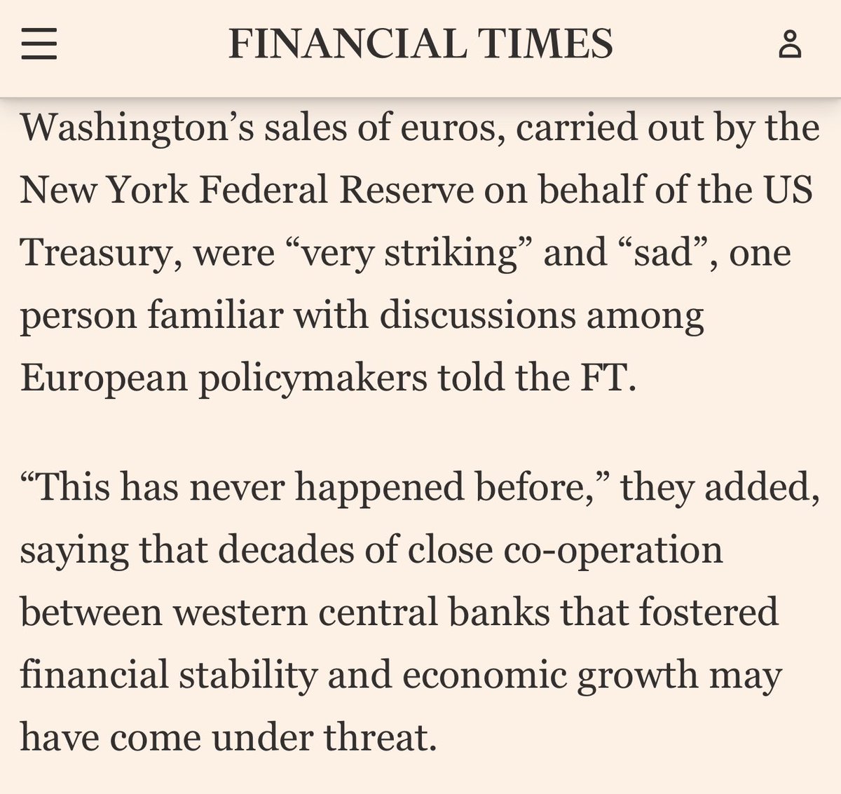 matrbk's tweet photo. The United States sold euros to buy yen without telling the ECB until after the trade was done. Senior ECB officials called it “an unprecedented breach of longstanding conventions.” One said: “This has never happened before.”

Selling dollars to defend the yen would have contradicted Bessent’s strong-dollar policy. Selling euros avoided that problem. But selling a European asset to defend an Asian currency to protect an American bond market, without consulting the institution whose asset was sold, is not a currency intervention. It is the reserve architecture consuming the alliance architecture.

The reason Washington intervened at all is the part nobody wants to say plainly. Japan is the largest foreign holder of US Treasuries. The yen was at its weakest since 1986. If the yen falls far enough, Japanese institutions sell their most liquid foreign asset to raise cash. That asset is Treasuries. The selling pushes American yields higher at the exact moment the thirty-year just touched 5.28 percent. Washington did not intervene to help Japan. Washington intervened to prevent the Treasury market from absorbing a forced seller at a nineteen-year high in yields.

The convention that was broken to execute this trade is the same kind of convention the reserve confiscation broke in 2022. That one taught central banks their dollar reserves were not safe from seizure. This one taught the ECB that dollar-system cooperation is not safe from unilateral action by its architect. Both lessons point the same direction: build the alternatives faster.

The fix is eating the architecture it was built to preserve.