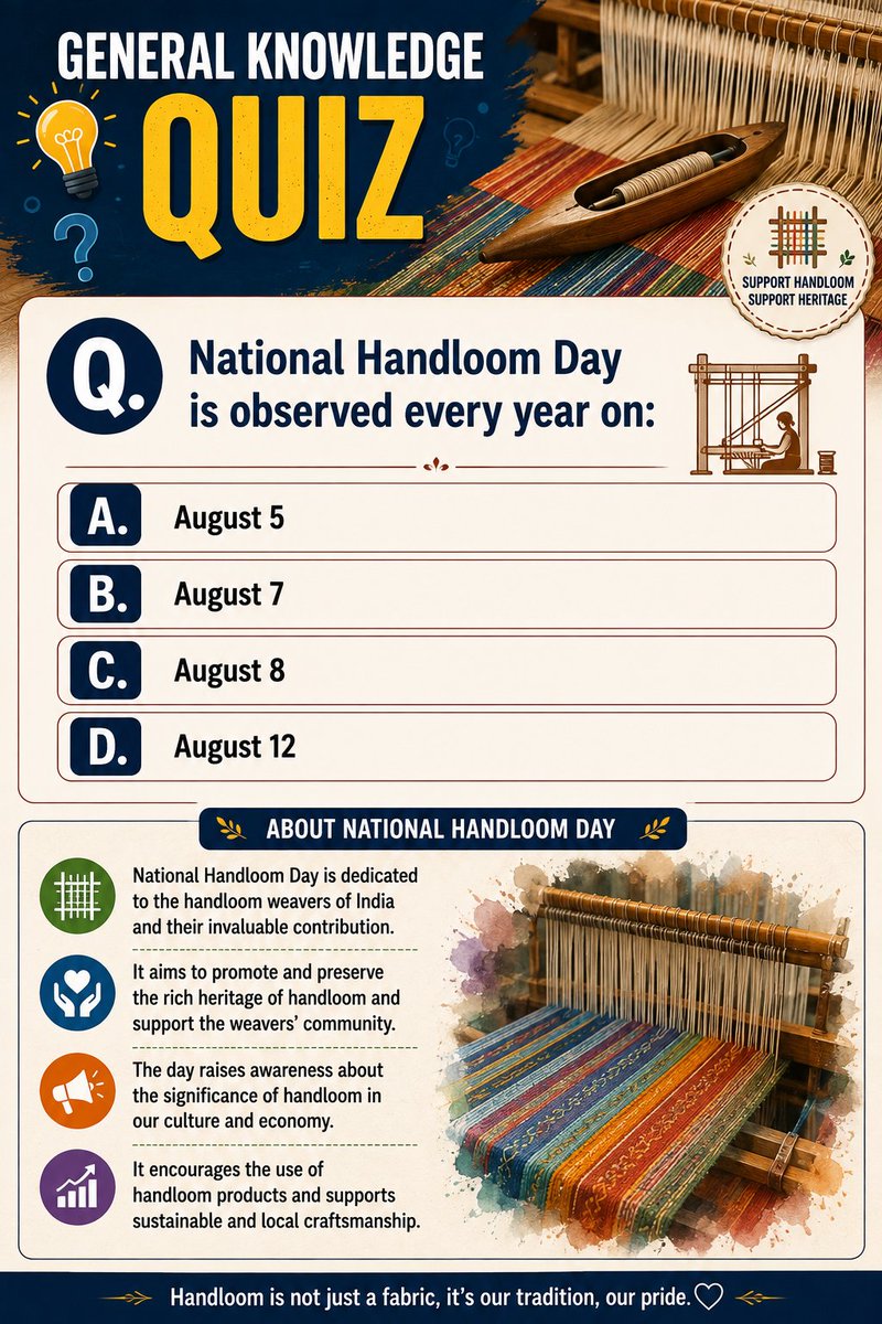 cematerial's tweet photo. General Knowledge:
National Handloom Day is observed every year on:
#Generalknowledge #UPSC #SSC #RRB #CompetitiveExams #BPSC #UPSC2026 https://t.co/RmdQWERzdE