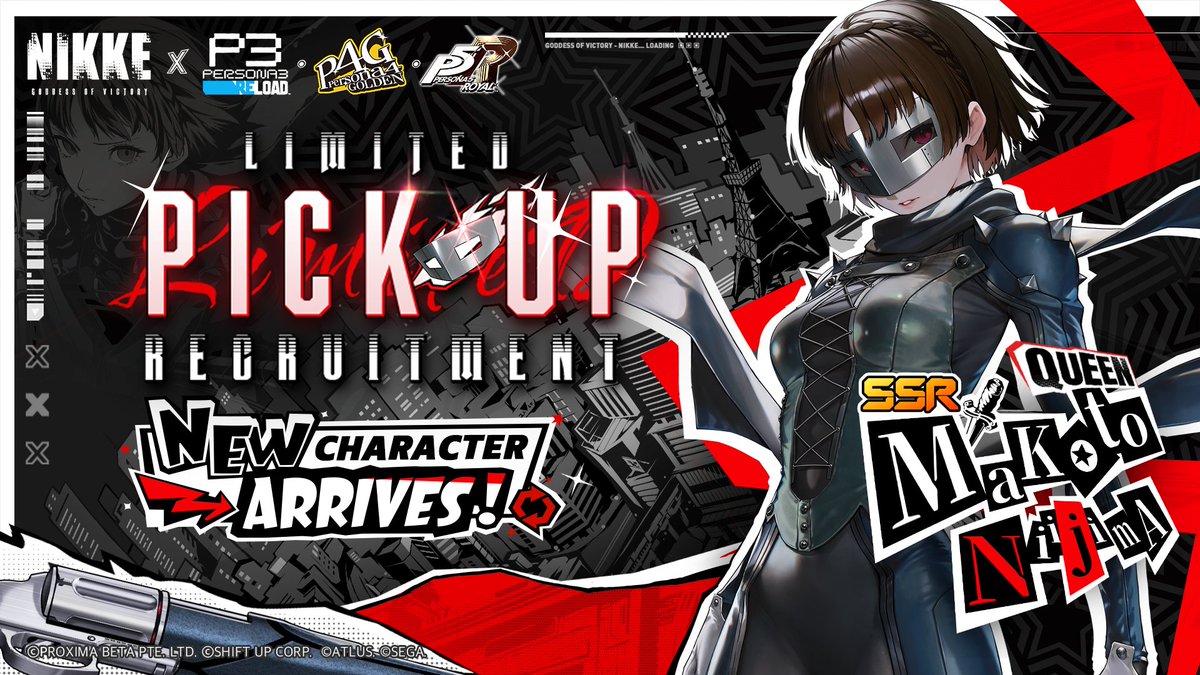 NIKKE_en's tweet photo. 【Collaboration Limited Pick Up Recruitment Notice】

#NIKKExPersona

A new character and Pick Up recruitment event will begin simultaneously! 🎉

◆Collaboration Character
Queen (Makoto Niijima)

◆Limited Pick Up Period
8/13 (After Maintenance) ~ 9/10 04:59 (UTC+9) 

※In the version update after the Limited-Time Recruitment ends,「Queen (Makoto Niijima)」will not be available in Ordinary Recruit, New Commander Special Recruit, Ordinary Recruit (Tutorial), Social Point Recruit, Mileage Shop, or from Mold items.
