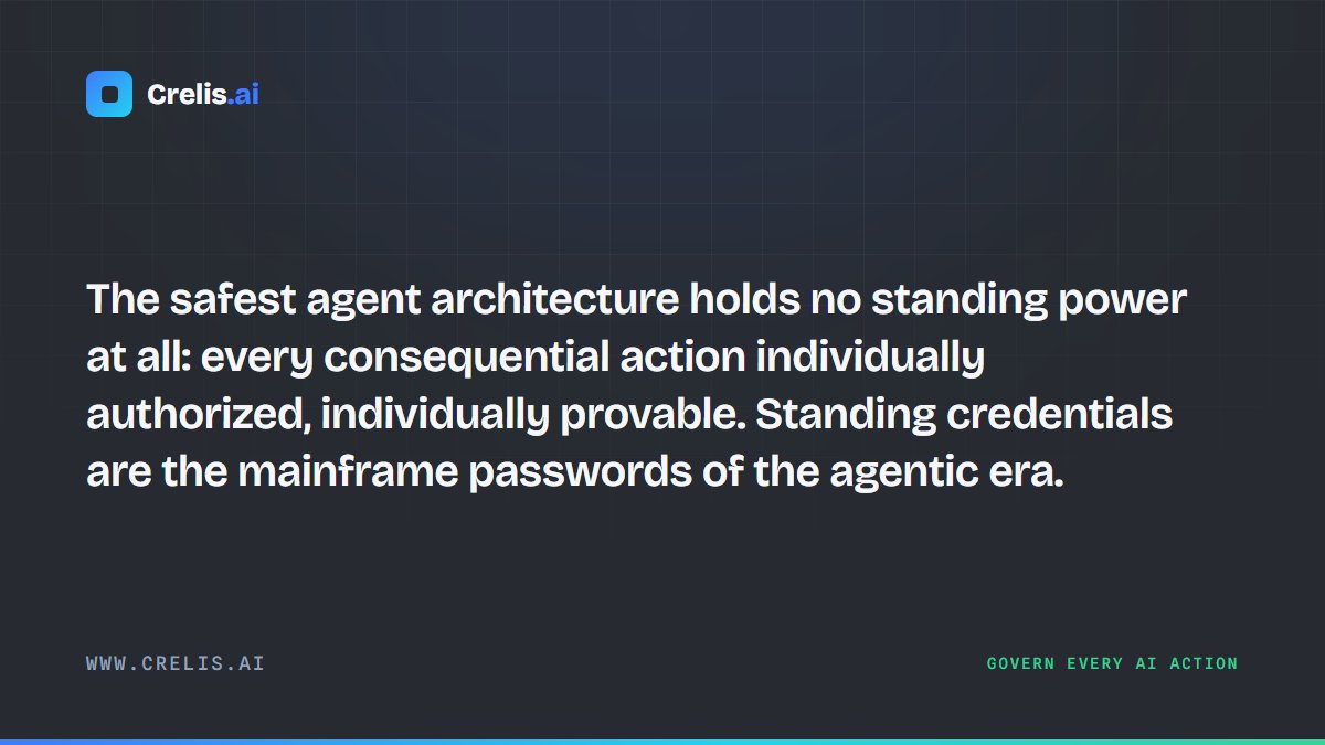 Crelisai's tweet photo. The safest agent architecture holds no standing power at all: every consequential action individually authorized, individually provable. Standing credentials are the mainframe passwords of the agentic era. https://t.co/GDlr1QzeIE