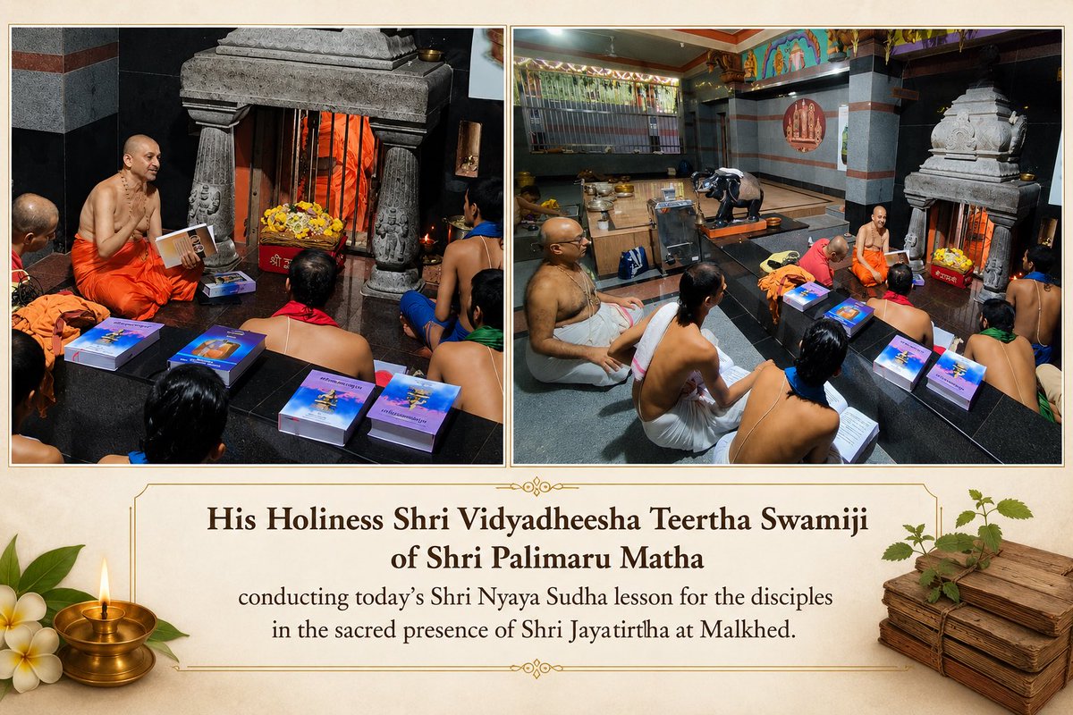 tomatosudhu's tweet photo. Paramapoojya Shri Vidyadheesha Teertha Swamiji of Shri Palimaru Matha conducted today’s Shri Nyaya Sudha lesson for the disciples in the sacred presence of Shri Jayatirtha at Malkhed. https://t.co/4suGgMQQXk