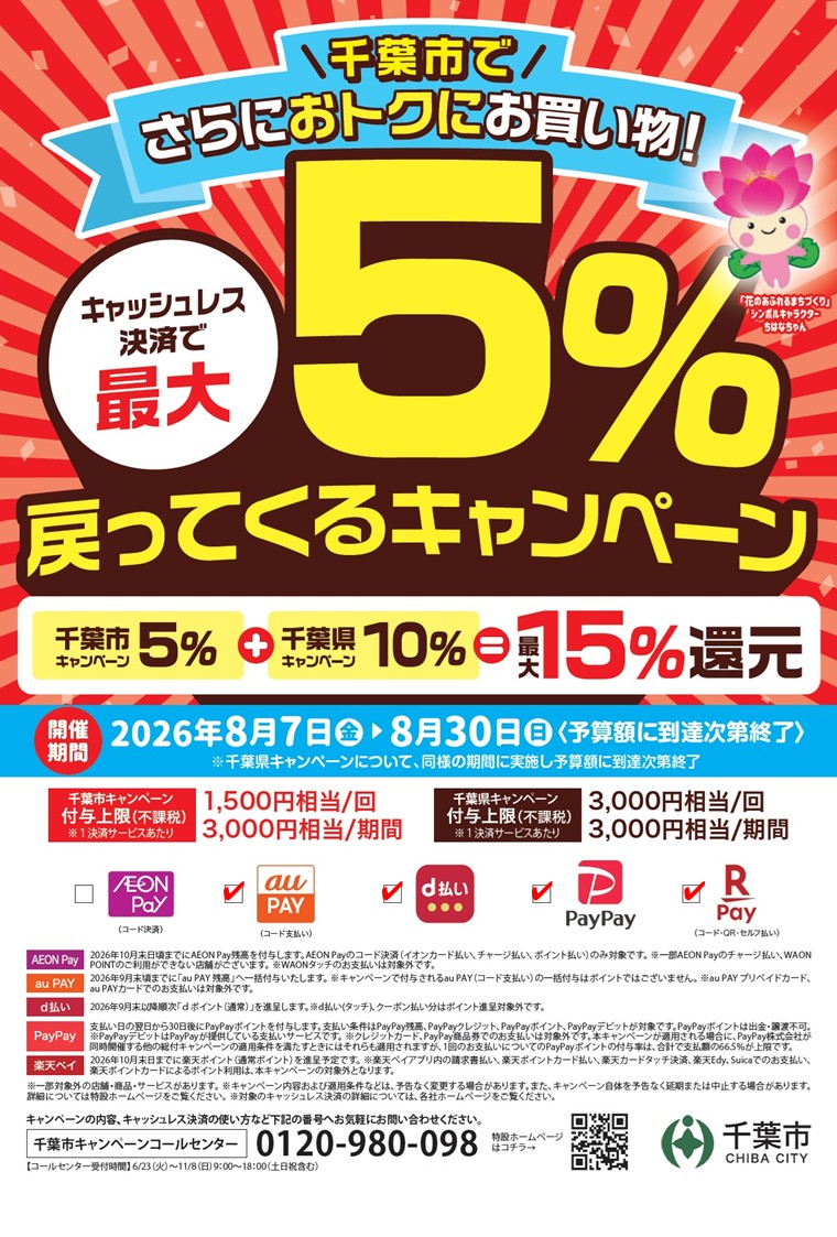 LOFT_CHIBA's tweet photo. 千葉県キャンペーン10％＋千葉市キャンペーン5％＝最大15％ポイント還元！

「千葉県キャッシュレス決済キャンペーン！」と「千葉市キャッシュレスキャンペーン」の期間中！
千葉ロフトはこちらの2つのキャンペーンの対象店舗です✨
くわしく千葉ロフトのHPをご覧ください。
→https://t.co/VLhMtVOCsp https://t.co/LW3aRJpOih