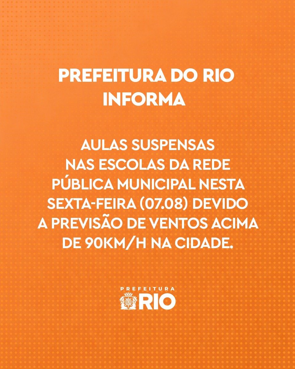 AtividadeRIO_'s tweet photo. A Prefeitura do Rio informa que as aulas da rede pública municipal estão suspensas nesta sexta-feira (07/08/26) devido a confirmação da previsão metereorológica de ventos acima de 90km/h na cidade. É uma medida de prevenção para proteger as crianças.

*COMPARTILHE* https://t.co/eATnq7fuC0