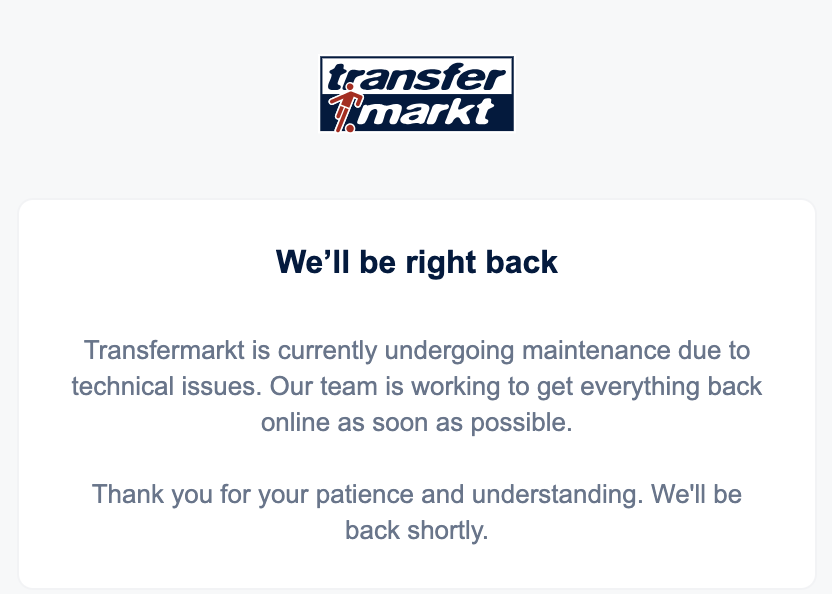 NiltonJorge's tweet photo. Depuis hier, le cauchemar des Directeurs techniques s'étirent ... le site Transfermarkt est encore down. https://t.co/HDiINzSeGi