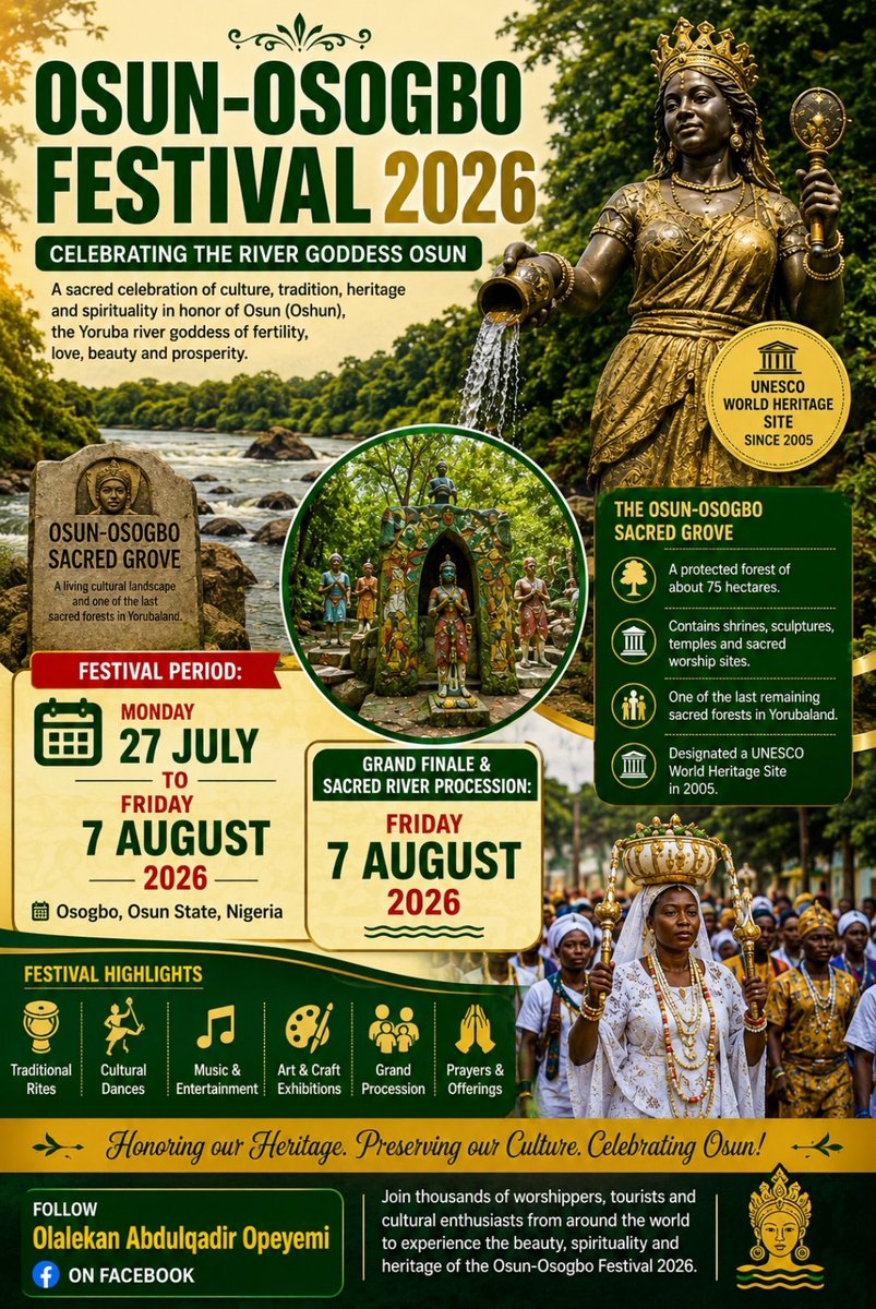 theecooler78's tweet photo. The Osun River is one of the most famous rivers in Nigeria. It flows through Osun State, particularly the ancient city of Osogbo, where it is deeply connected to the history, culture, and spirituality of the Yoruba people. #OsunState #Osunosogbo #awareness #Nigeria https://t.co/7YB9QaTIvM