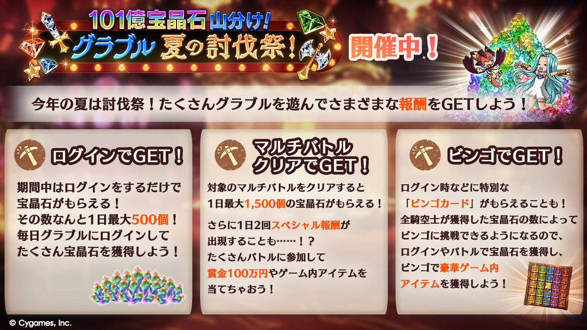 granbluefantasy's tweet photo. 【グランブルーファンタジー】ログインするだけで宝晶石がもらえる「101億宝晶石山分け！グラブル夏の討伐祭！」を開催中！
さらに、全ユーザーが獲得した宝晶石の数によってビンゴにチャレンジすることも可能に！ビンゴでヒヒイロカネなどの豪華な景品をGETしよう！ #グラブル #グラブル山分け討伐祭 https://t.co/7IF9TyUeba