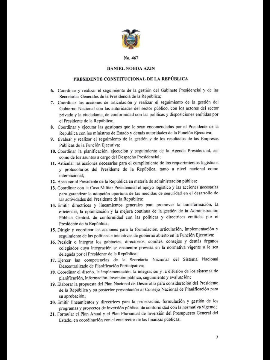CentralNewsEC's tweet photo. 📜 @DanielNoboaOk reorganiza la @Presidencia_Ec y redefine atribuciones de 5 secretarías: Administración y Gabinete; Gestión Inmobiliaria; Jurídica; Comunicación; e Integridad Pública.

👉🏻La norma concentra coordinación política, planificación, bienes estatales, representación jurídica, comunicación y anticorrupción.
👉🏻Subsecretarios tendrán rango de viceministros y se dio 60 días para adecuar la estructura. Deroga decretos anteriores.