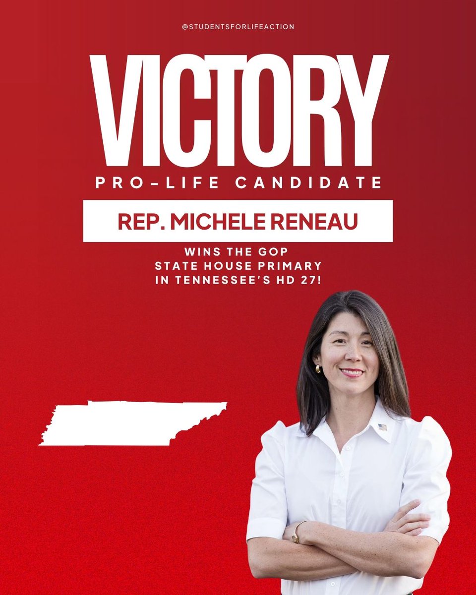SFLAction's tweet photo. Congratulations to Rep. Michele Reneau @repreneau on winning her GOP primary in Tennessee State House District 27! Reneau signed the SFLAction Pro-Life Candidate Pledge, committing to vote pro-life 100% of the time. On to November! https://t.co/iHvMeiuVmH