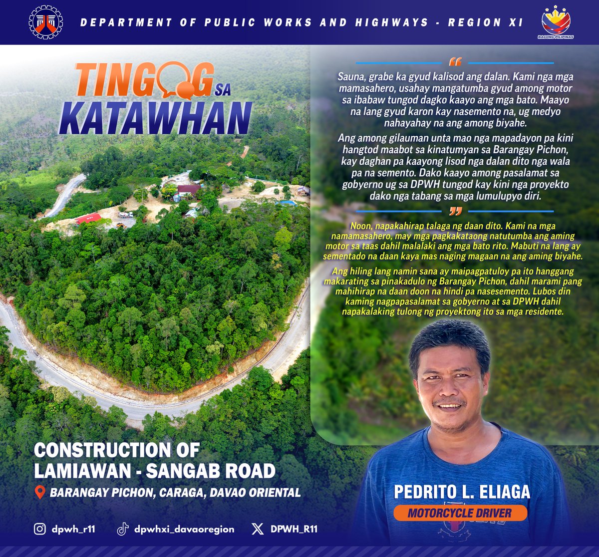 DPWH_R11's tweet photo. 𝐓𝐈𝐍𝐆𝐎𝐆 𝐒𝐀 𝐊𝐀𝐓𝐀𝐖𝐇𝐀𝐍: Construction of Lamiawan-Sangab Road at Barangay Pichon, Caraga, Davao Oriental.

#DPWH #DPWHXI #BuildBetterMore #BagongPilipinas https://t.co/BC6cUo0vKU